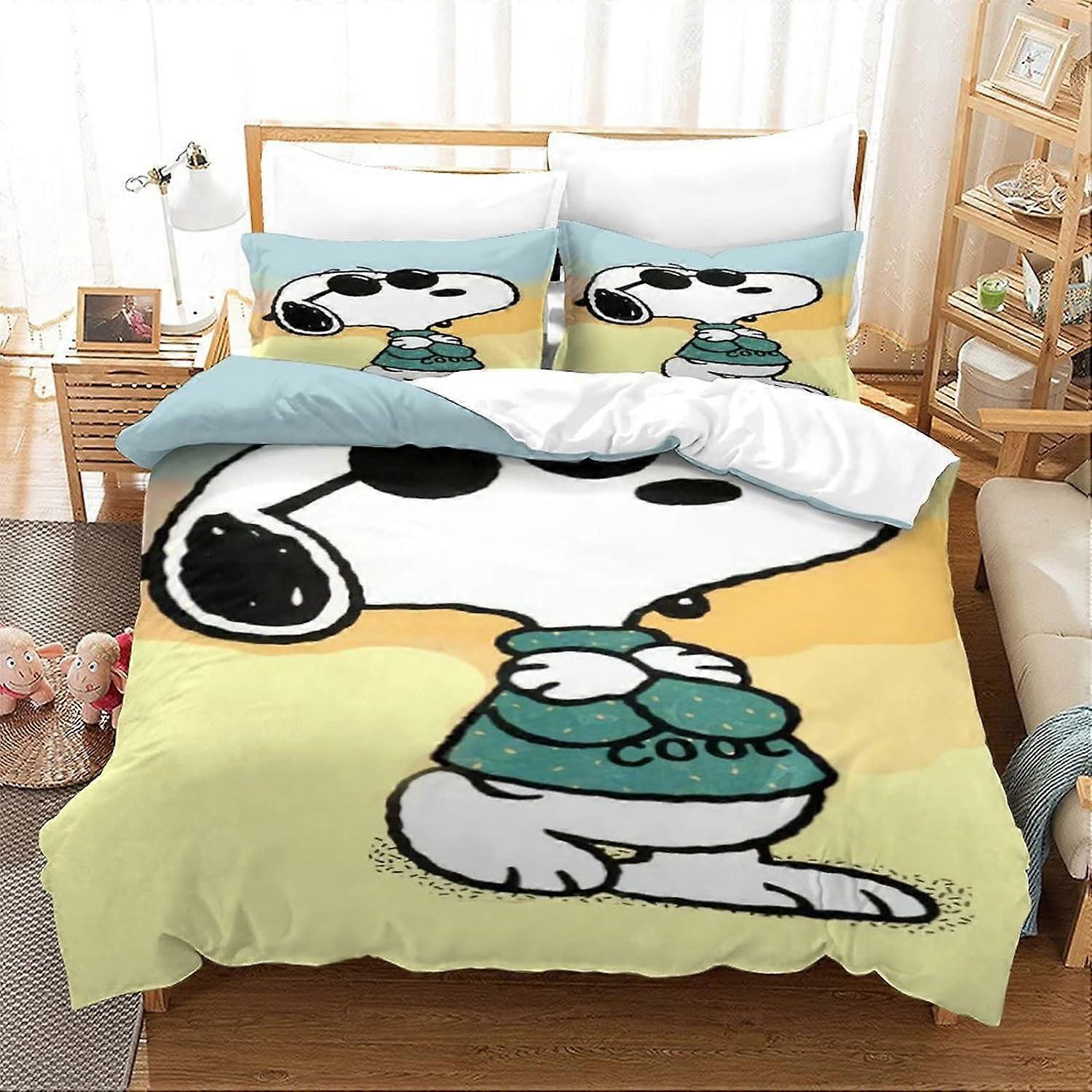 Snoopy Bedding Set, Duvet Cover and Pillowcases, Soft Microfiber with Zipper Closure, Animated Characters Pattern D for Kids and Adults, 135*200 CM