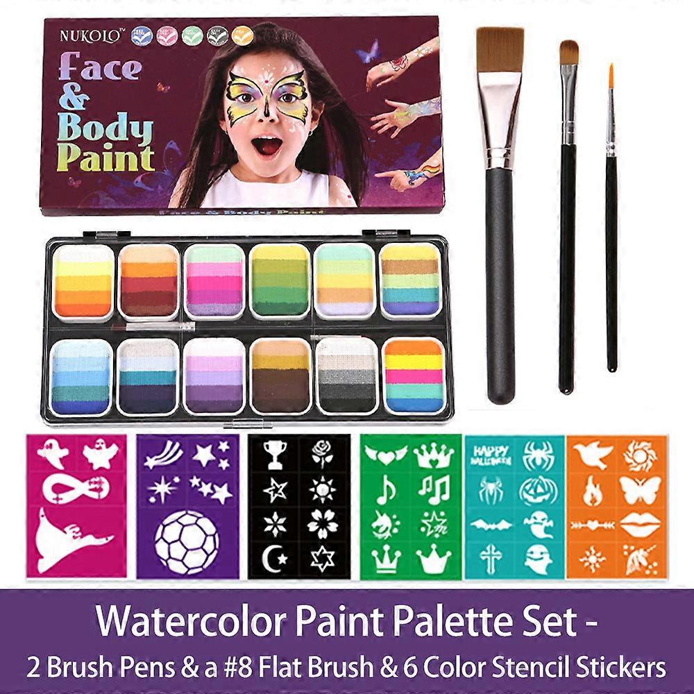 Watercolor Paint Palette Set Professional Face Split Cakes Multiple Colors Setwith 3 Brush & 6 Stencil Stickers Safe & Non Toxic Water Activated F