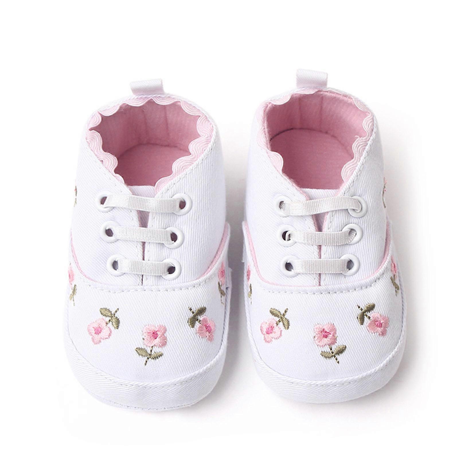 Baby Shoes Stylish Cute Embroidery Denim Hand Crafted Slip Resistance Sole Soft Infant Lace Up Shoes White 11cm/4.3in