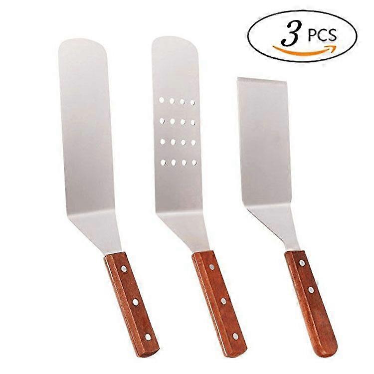 Stainless steel wooden handle frying spatula, three-piece cooking spatula set, for barbecue, kitchen, outdoor