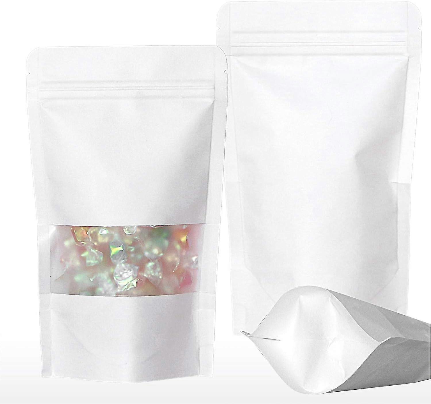 50pcs White Kraft Stand Up Food Bags Zip Lock Reusable Packing Pouches with Transparent Window and Tear Notch Thicken Heat Sealable for Storing Coo