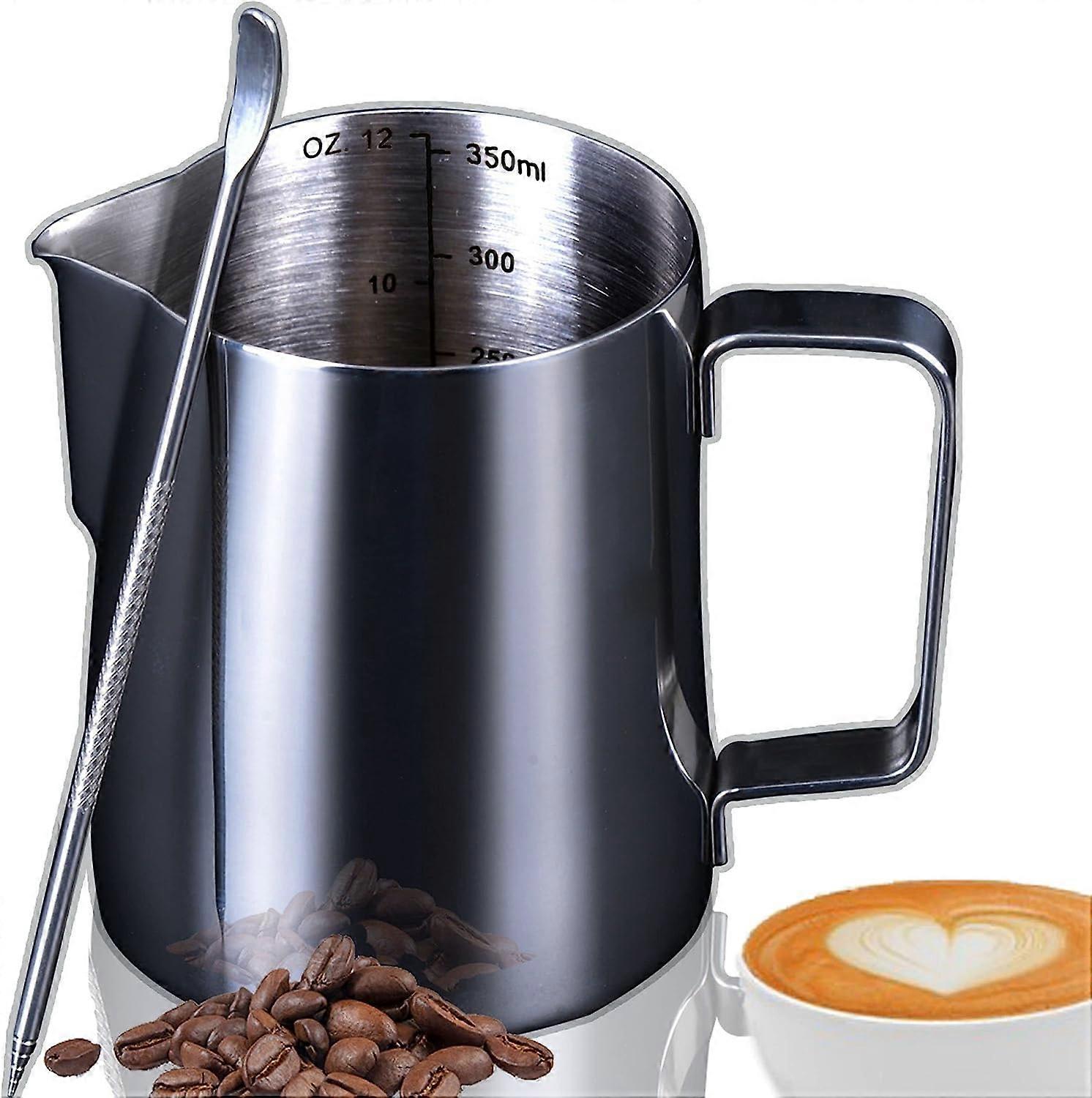 Pot à lait en acier inoxydable pour machine à café - 350ml / 12oz, lavable au lave-vaisselle, pichet à mousse de lait en acier inoxydable avec stylo d’art pour cappuccino latte et e