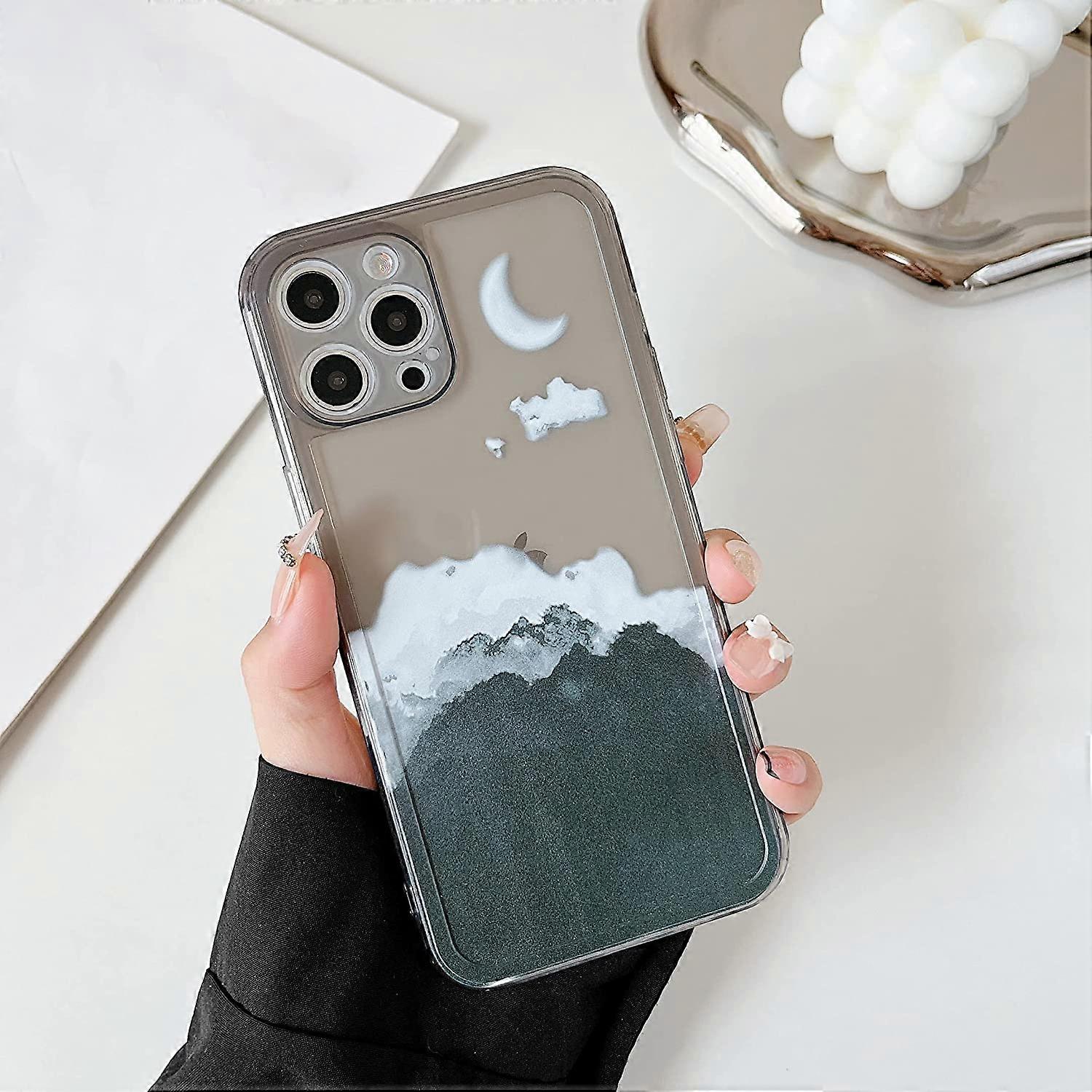 Case for iPhone 13 Pro Max 6.7 inch, Clear Soft Bumper Protective Retro Color Snow Mountain Moon Transparent Phone Case - Black Cloud