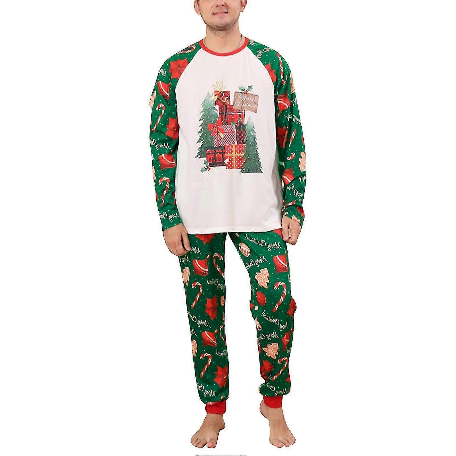 Family Pajamas Set Christmas Tree Printing Round Collar Long Sleeves Elastic Waist Sleepwear Kit Picture Color MEN XXL