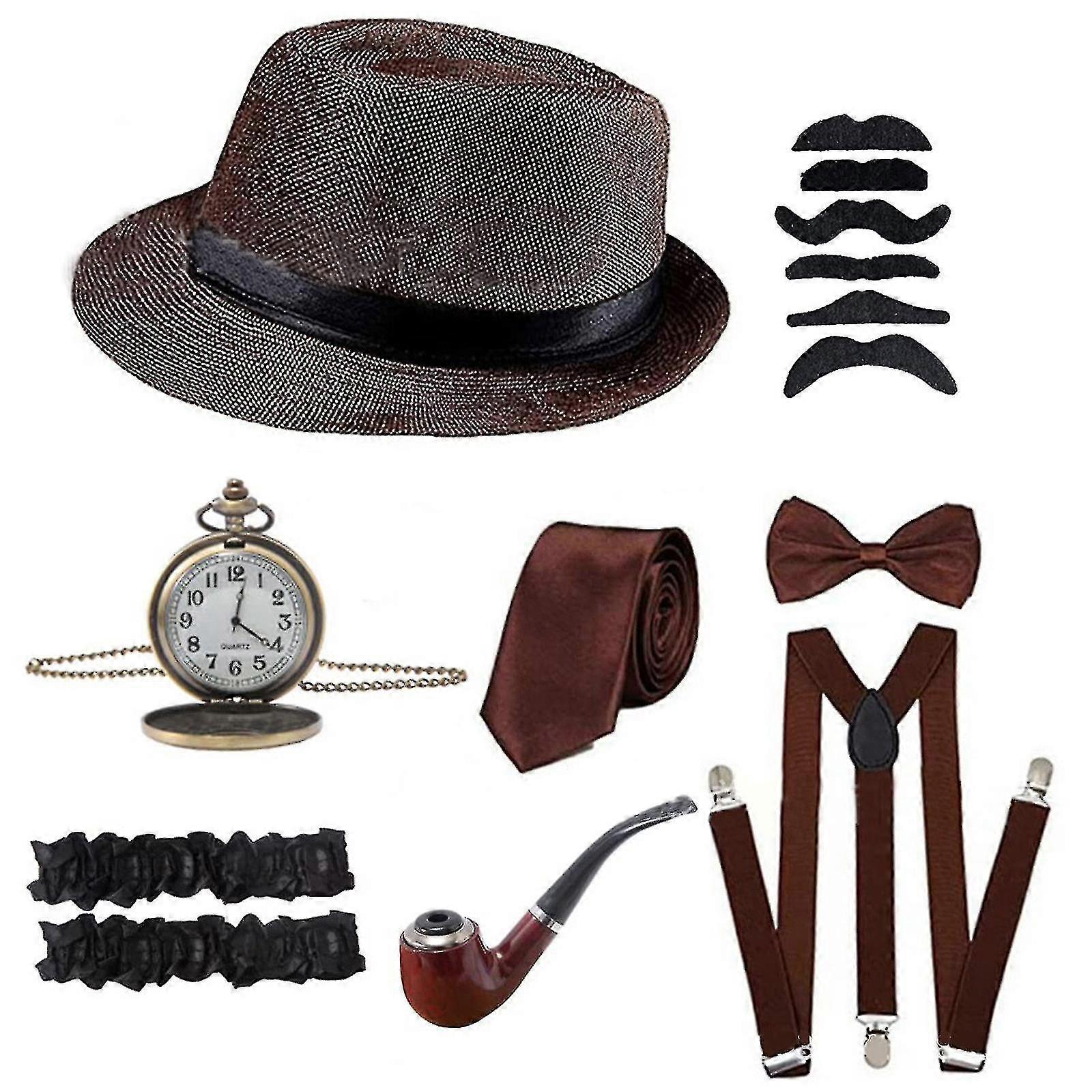 1920-luvun miesten puku Gatsby Fedora Hat Henkselit Rusetin taskukello