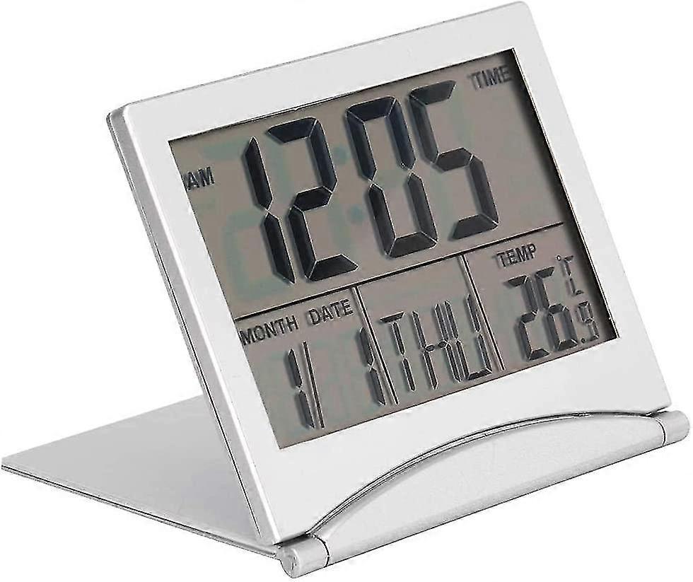 Digital Alarm Clock Portable Folding Temperature Calendar Snooze Led Display Clock With Leather Cover (1pc, Silver)
