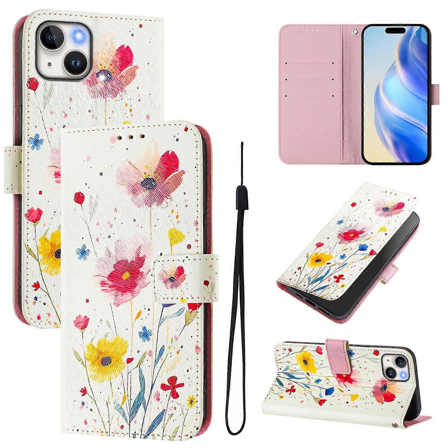 For iPhone 15 Plus Case Pattern Printing Wallet Phone Cover with Strap - Flower