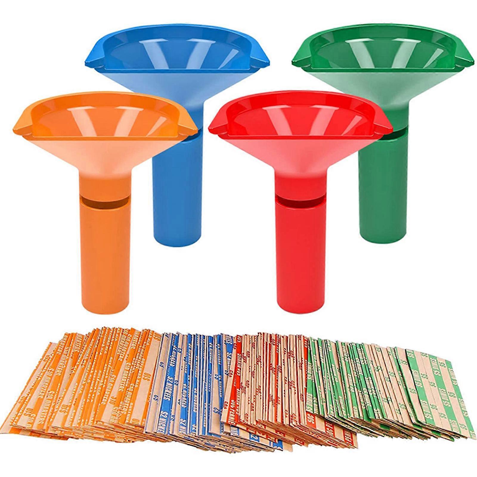150 Assorted Flat Striped Coin Wrappers & 4 Coin Sorters Tubes, Color-Coded,Easy to Load