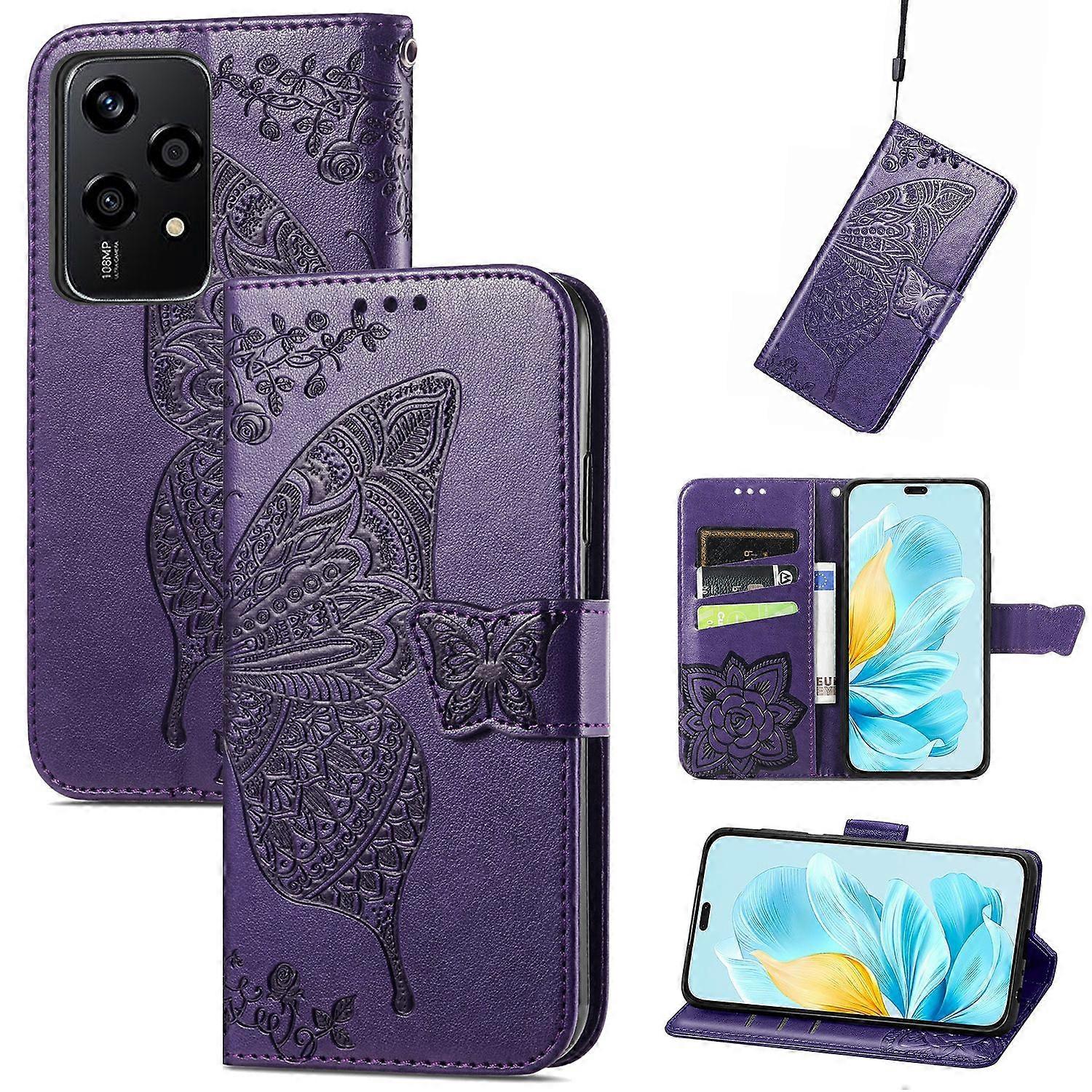 For Honor 200 Lite Faux Leather Wallet Bag Butterfly Case Purple