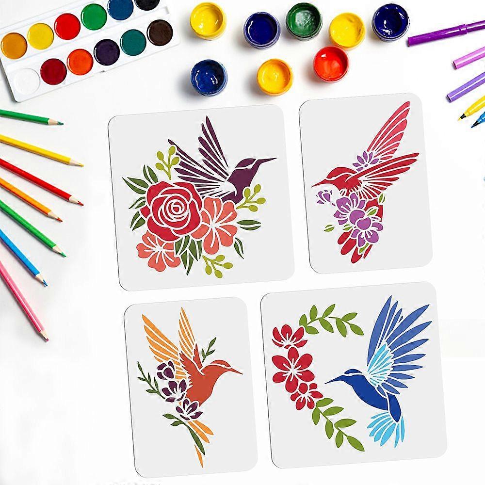 PET Hollow Out Drawing Painting Stencils for DIY Scrapbook Photo Album Flower Hummingbird Pattern 297~300x210~300mm 4pcs/set
