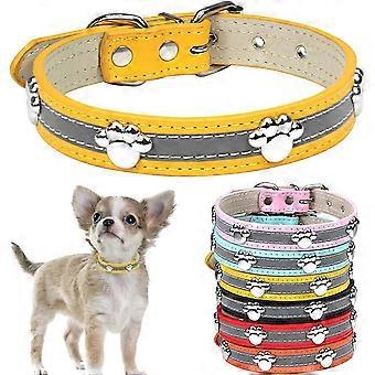 Reflective Dog Collar with Cute Paw Rivet Studded Funny Soft PU Leather Adjustable Puppy Dog Collars for Small Medium Large Dogs Cats Yellow X-Large (