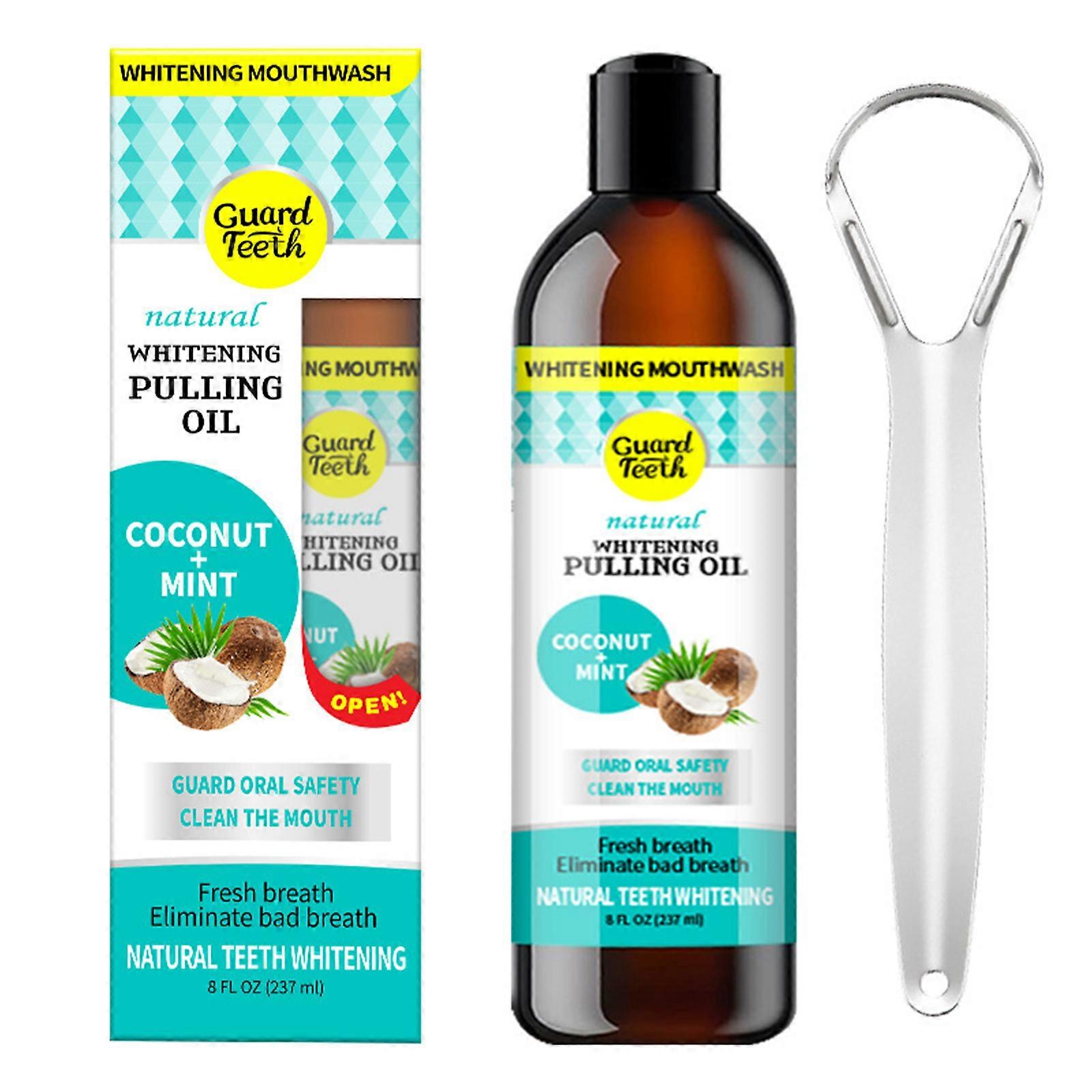 Coconut Oils Pulling with Tongue Scraper,Alcohols Frees Mouthwash Coconut Oils Pulling Mouthwash Help Freshes Breath 237ML