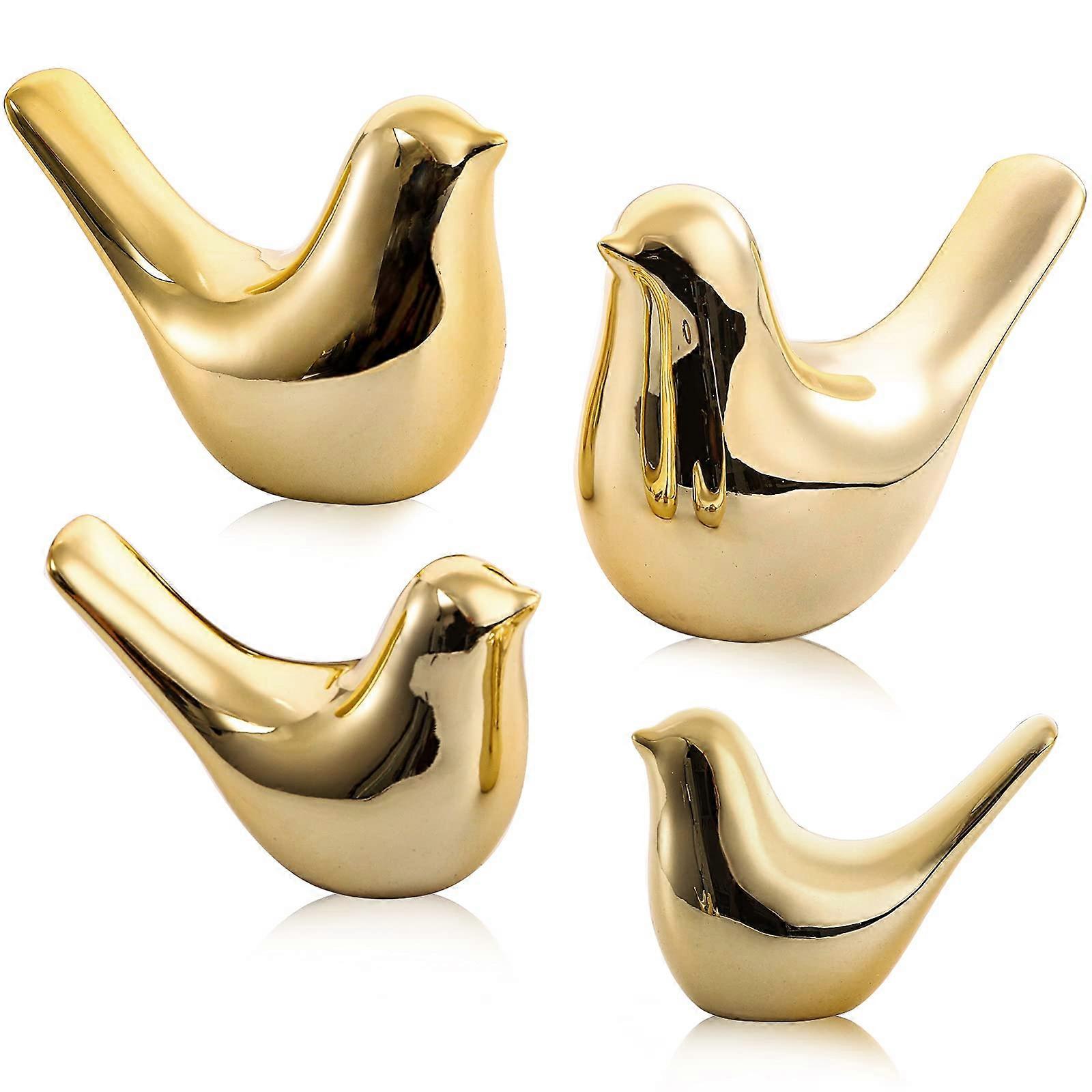 Gold Ceramic Small Bird Decor Figurine Set 4 Piece, Assorted Sizes, Home Shelf Decor, Desktop Display