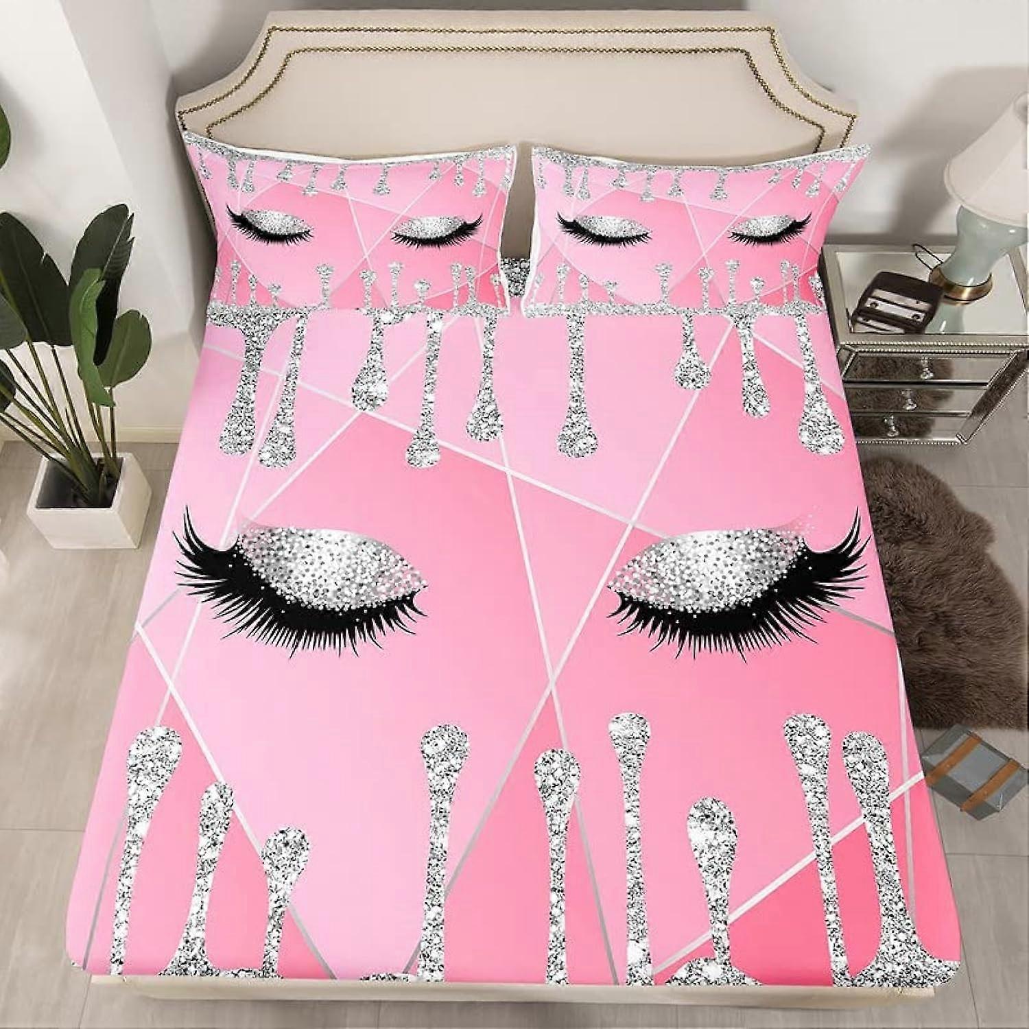 Glitter (No Glitter No Sequin) Eyelash Bed Sheet Set, Diamond Design, Full Size 3-Piece Pink Bedding, Ultra Soft