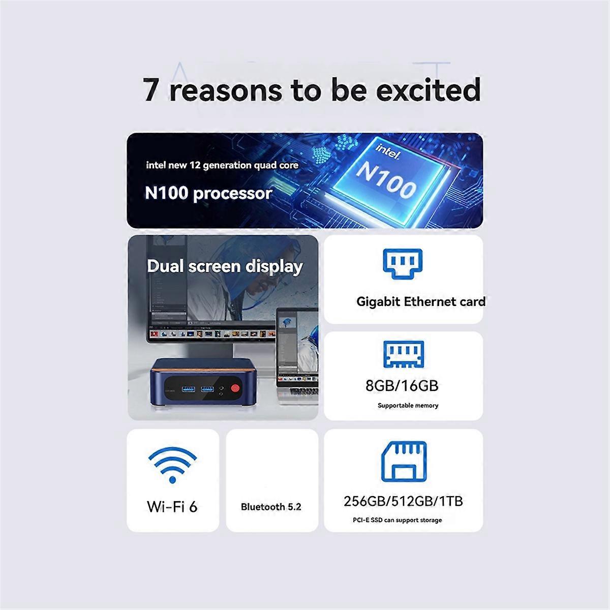 N100 Mini PC 4K 4096 X 2160 60Hz DDR4 8GB RAM 128GB SSD for Win11 Pro WIFI6 BT Desktop Gaming Computer EU Plug