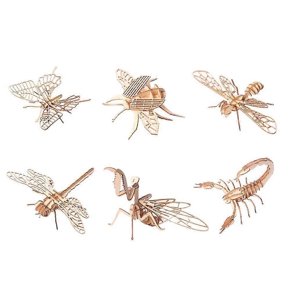 6 Pcs 3D Wooden Insect Shape Puzzle Toy Wooden Animals Assembly Puzzle Toy