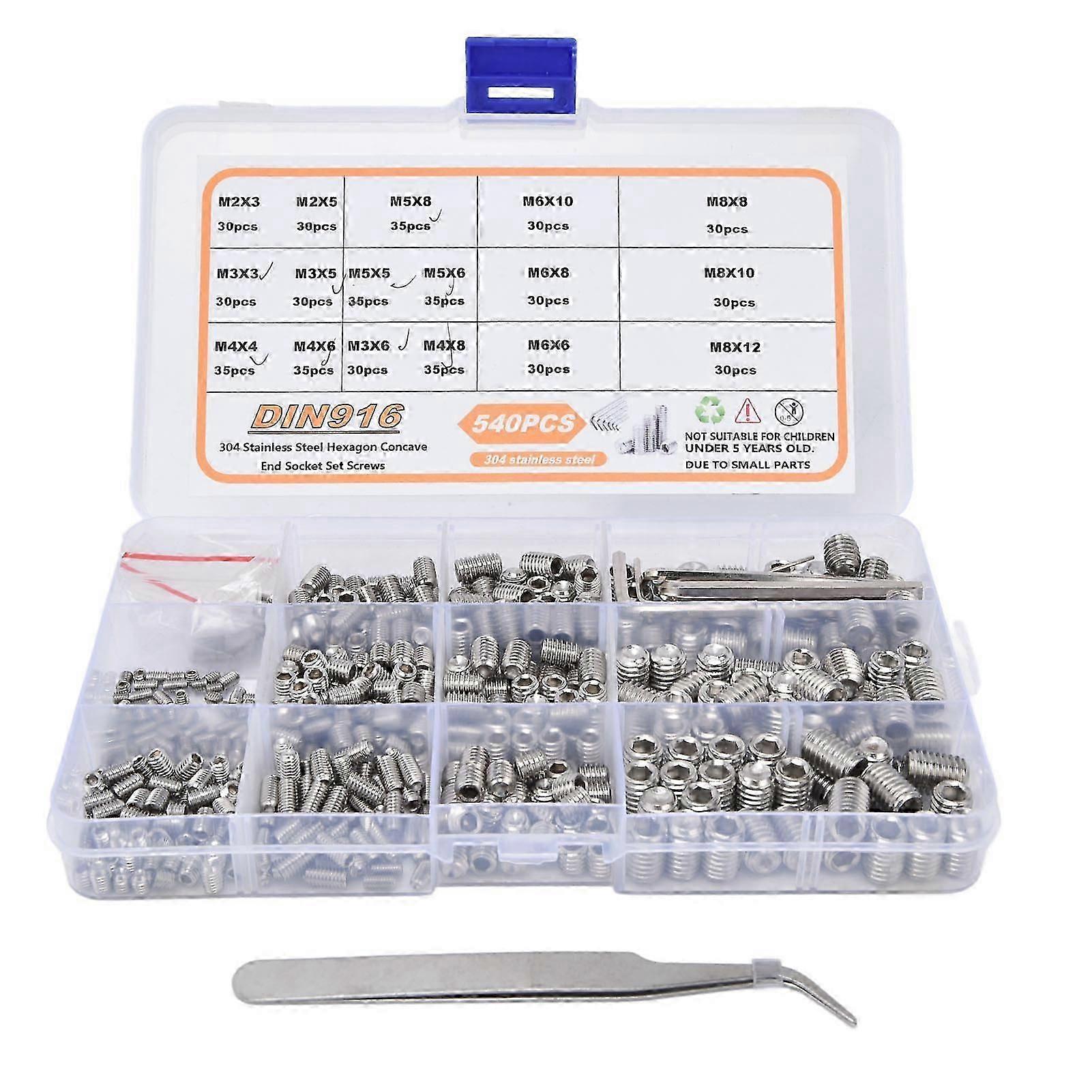 540 stk settskrue 304 rustfritt stål m2? M8 kopppunktskruer sortimentssett med pinsettnøkkel
