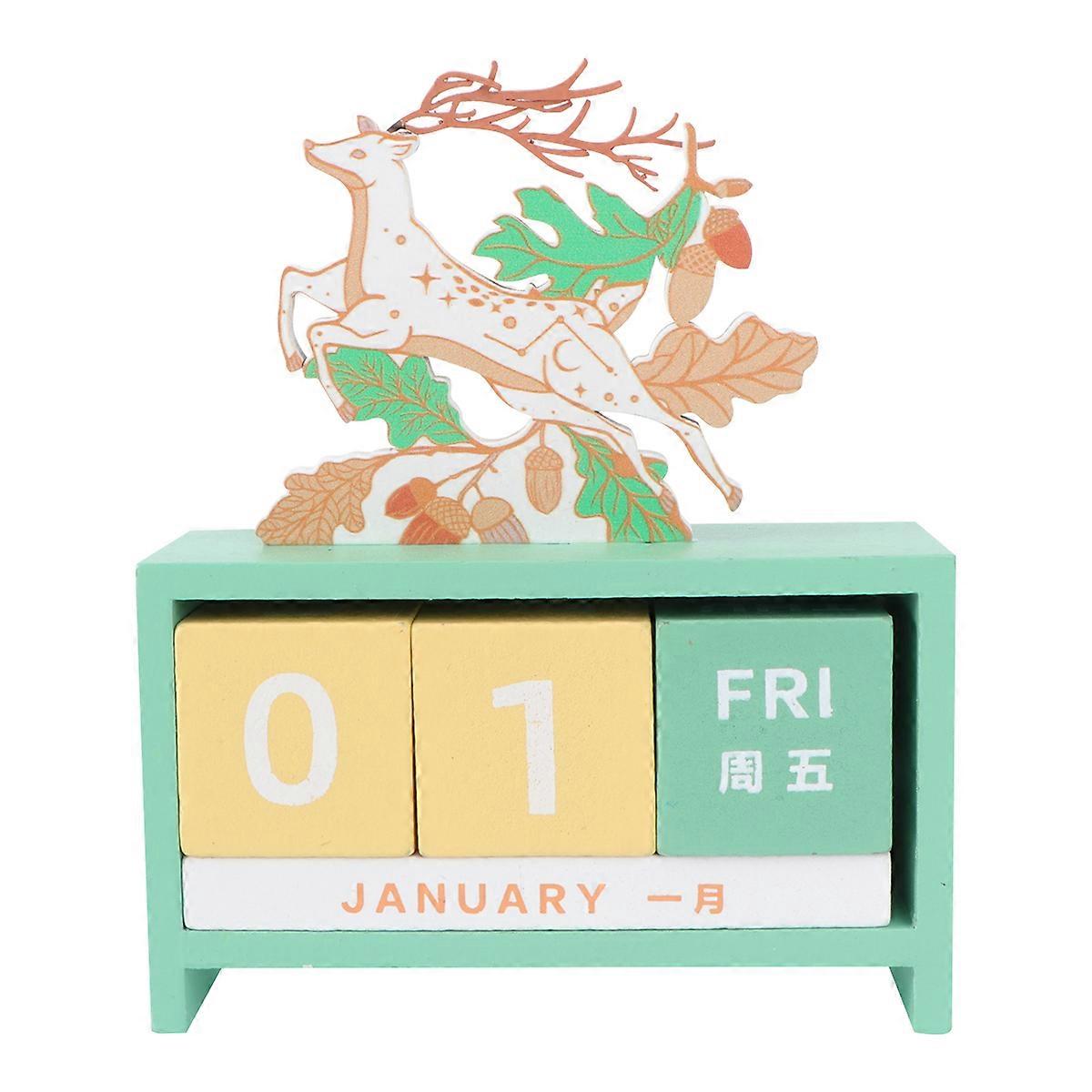 Block Calendar For Desk Perpetual Wooden Cube Shape Green Decoration 13.4X10.6X3.7CM 1Set