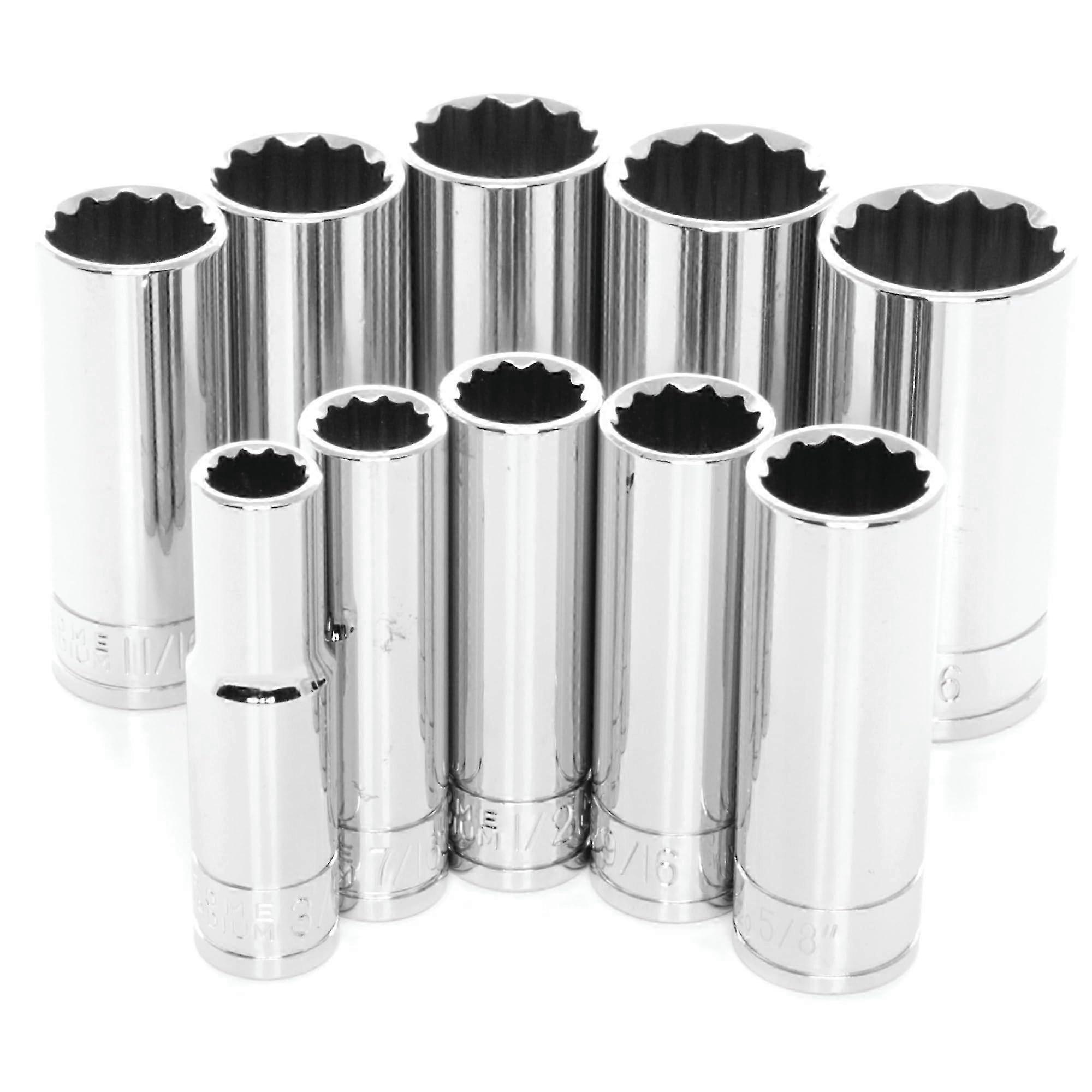 3/8-Inch Drive 12pt SAE Deep Wall Socket Tool Set for Garages and Workshops, Chrome, 10 pieces