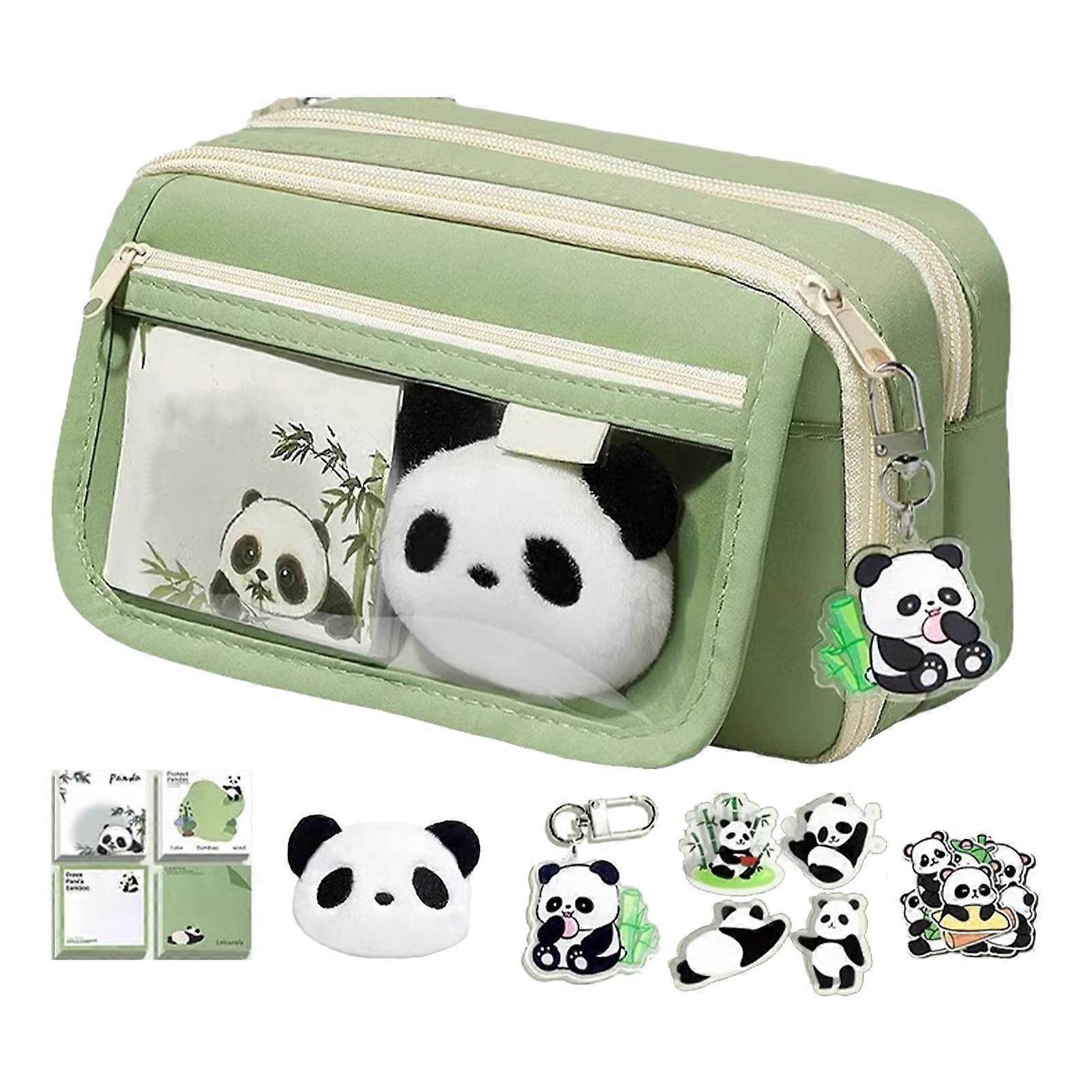 Panda Pencil Case with Large Capacity, Green Brooch Sticker Pin Notepad Pen Bag for Students, 22 x 7.5 x 13 cm