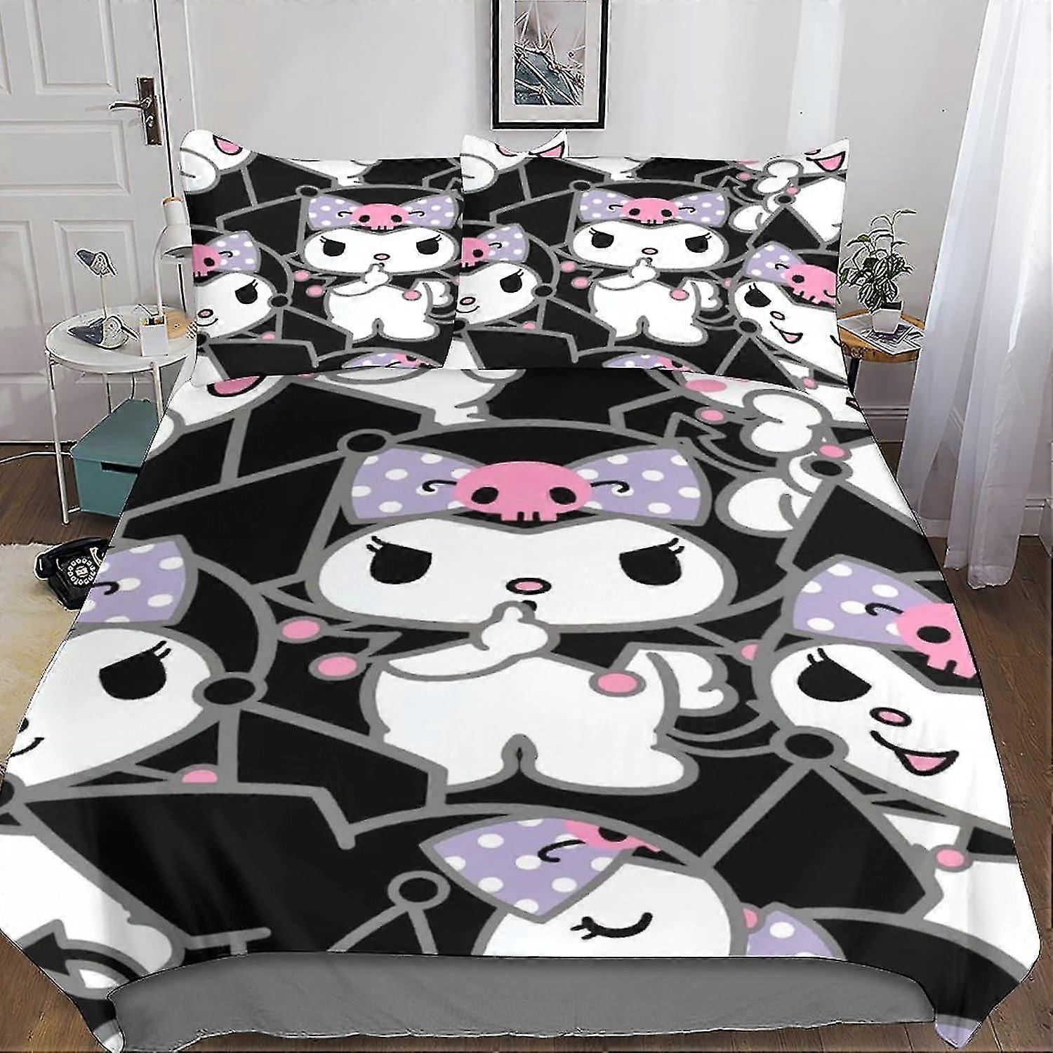 3D Kuromi Effect Quilt Bedding Set, Melody Printed Duvet Cover Set Soft Microfiber with Pillowcase 3 Pcs for Children and Adults Double