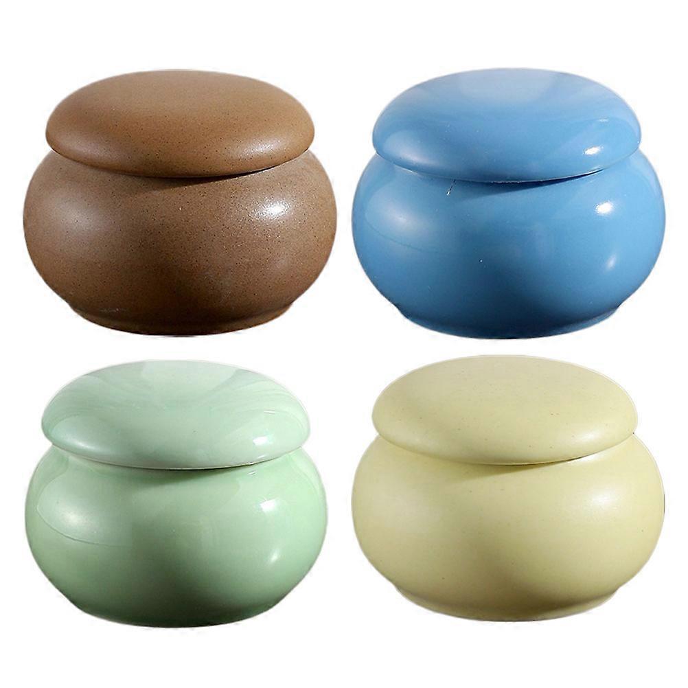 4pcs Portable Ceramic Canisters for Tea & Powder Storage – Airtight Sealed Jars in Soft Yellow, Green, and Ice Blue for Kitchen & Desktop Use