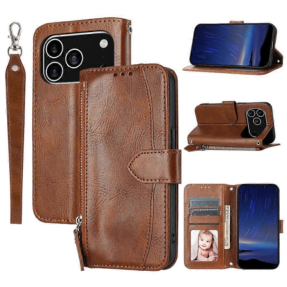 Compatible For iPhone 17 Pro Case Zipper Pocket Wallet Leather Phone Cover with Wrist Strap