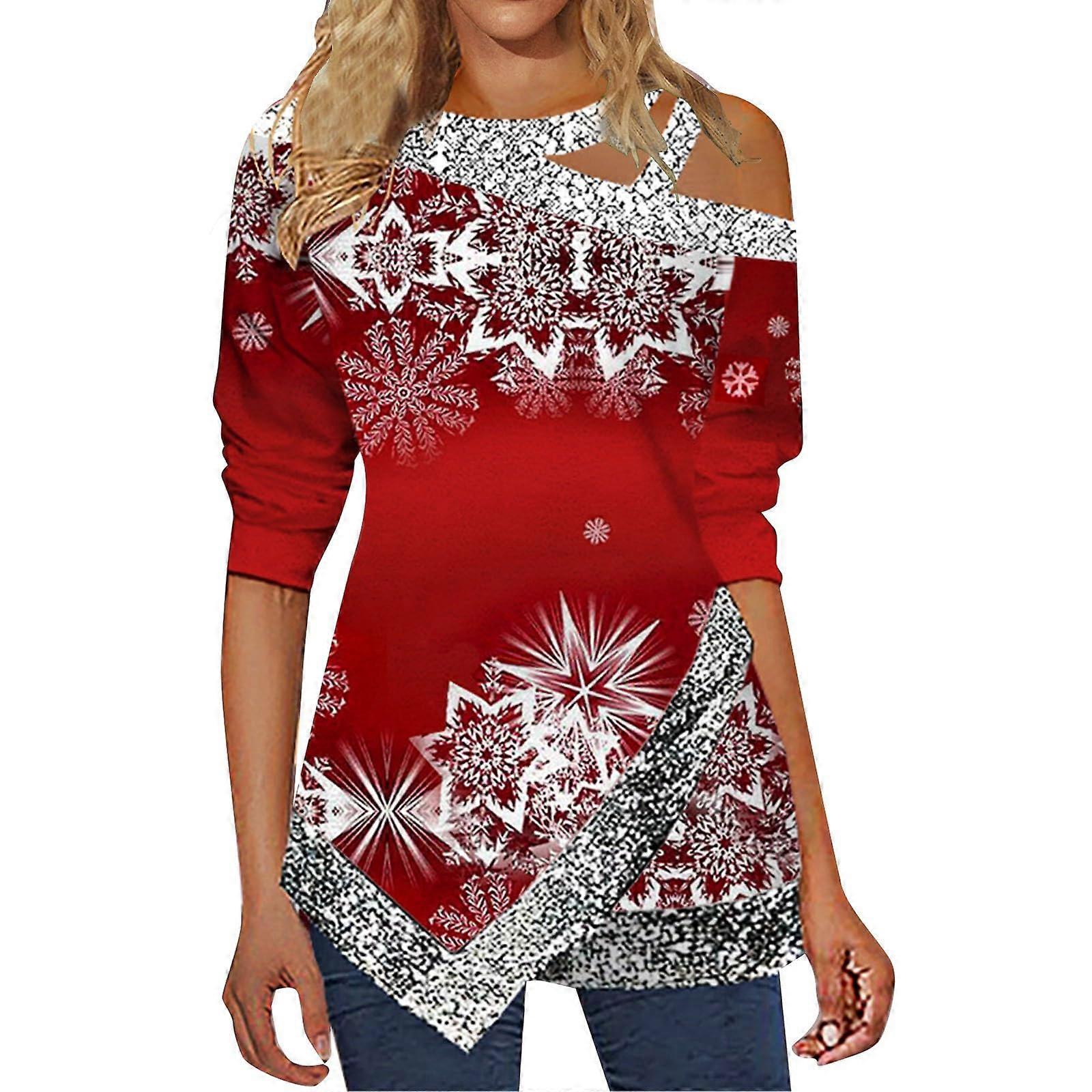 Women Girls Long Sleeve T-Shirt with Glitter Christmas Snowflake Print  Slant Neck Irregular Top Plus Size 3XL Red | Fruugo US