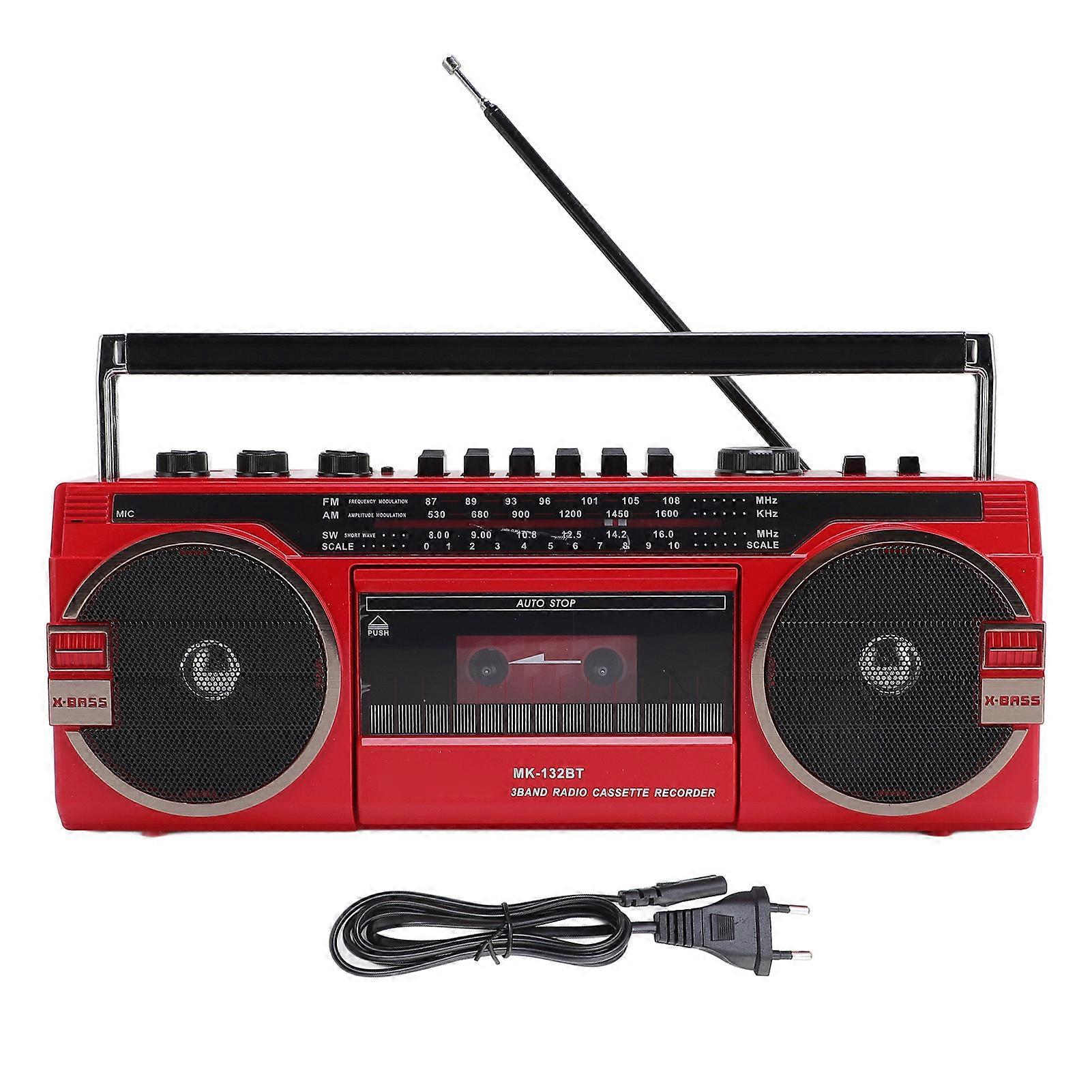 Lecteur de cassettes rétro avec Bluetooth, radio AM/FM/SW, USB, rouge, prise UE
