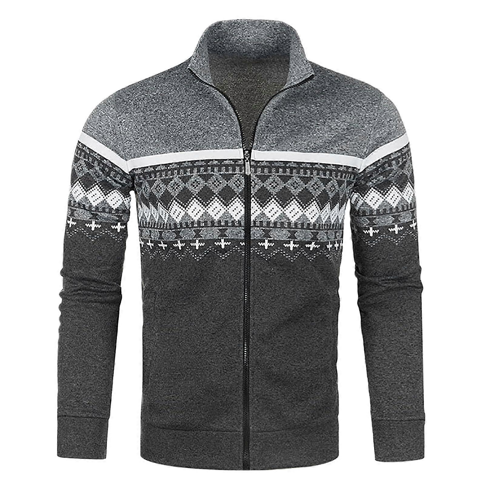 Herren Strickjacke Stehkragen Slim Fit Trainingsjacke Dunkelgrau Jacquard Reissverschluss Freizeitjacke Größe S