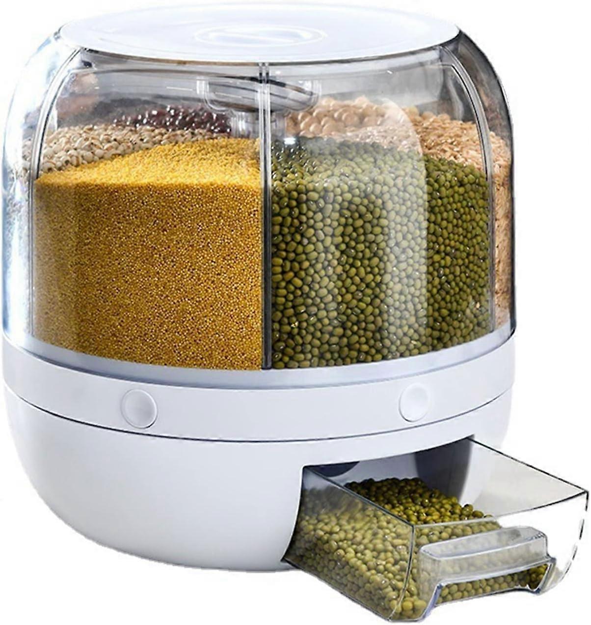 360° Rotating Grain Dispenser with 6 Compartments, Airtight Storage Container for Cereals, Nuts, Coffee Beans, Kitchen Countertop Organizer for Home.