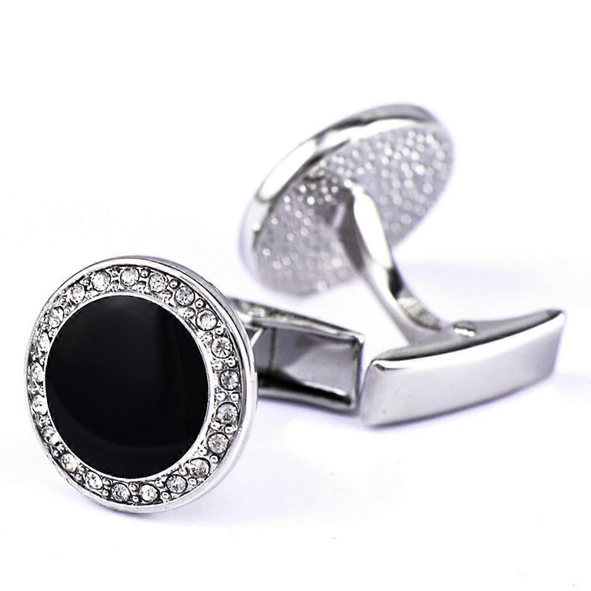 Round Diamond-Set Crystal Cufflinks for Men, Enamel Sleeve Buttons, French Style Accessories in Silver and Black