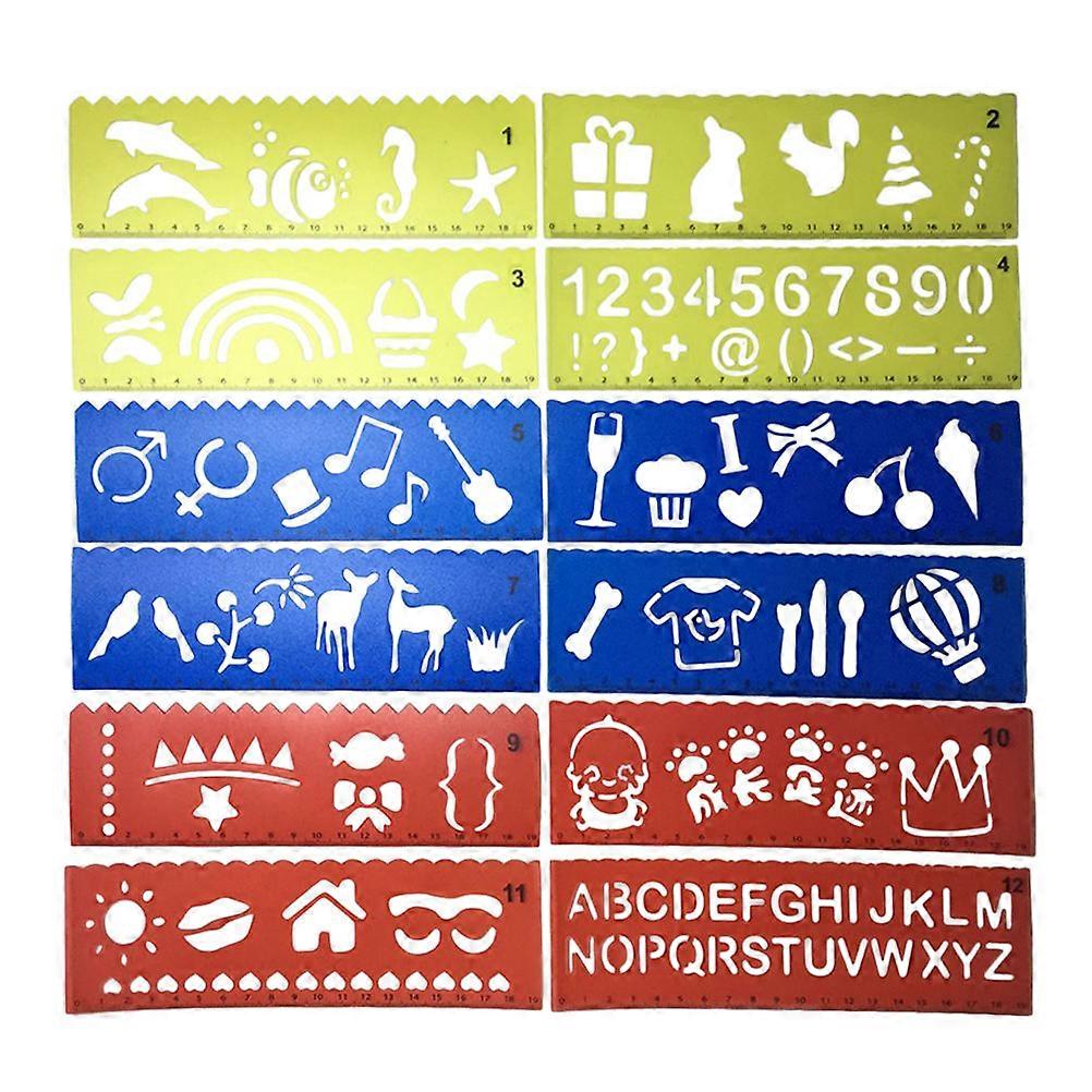 Drawing Stencils Plastic Templates For Students Diy Projects Assorted Color Hollow 19x6x0.02cm Reusable 12Pcs