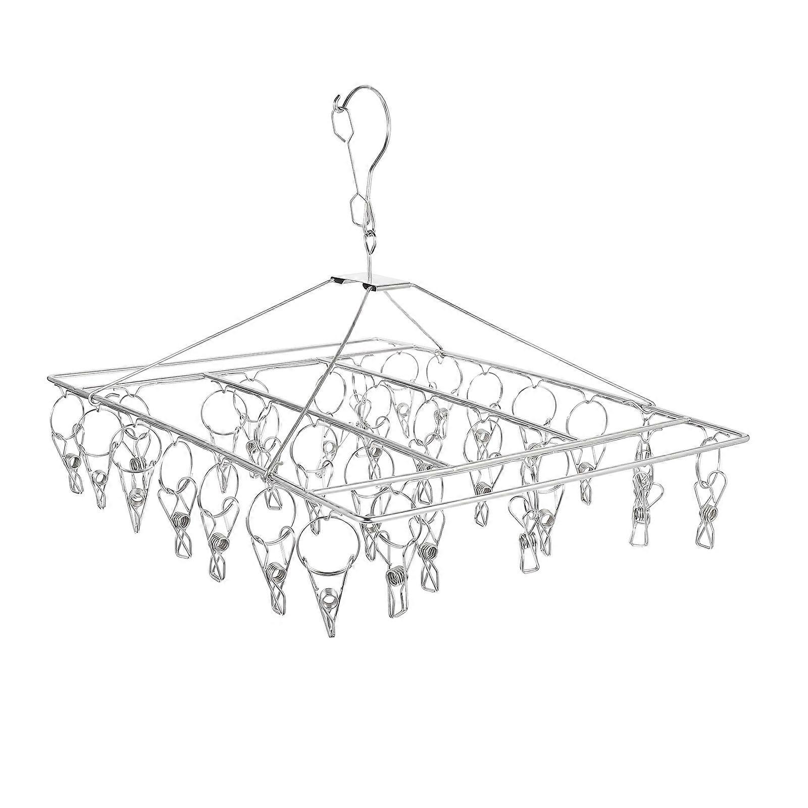 Simple Sock Holder Stainless Steel Clothes Hanger Square Indoor Drying Silver 39.5X29.5X28CM Preventing Clothes from Blowing Away 1Pack