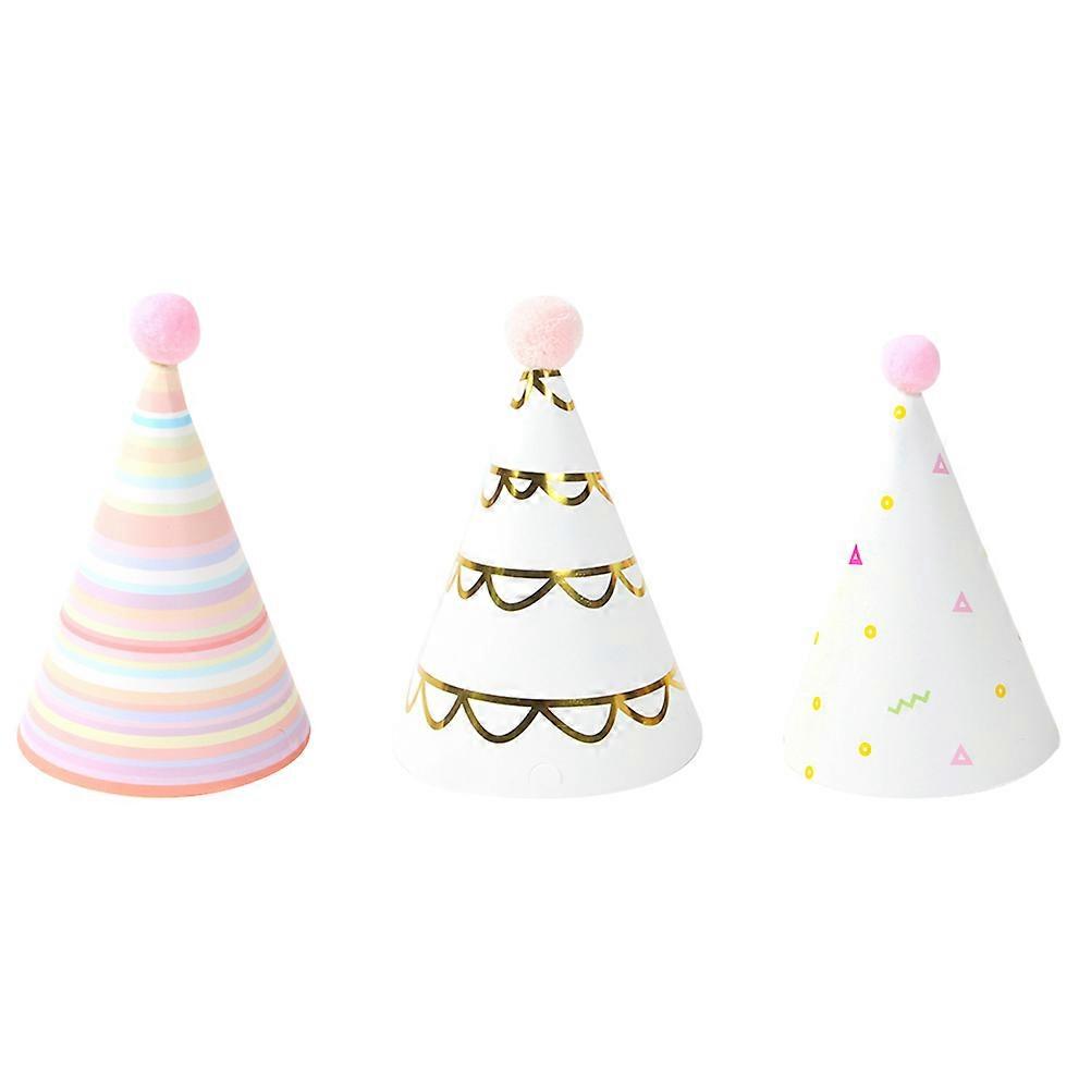 9pcs Bronzing Wool Ball Decoration Pointy Party Hats for Colorful Striped & White Themes Perfect for Birthdays & Festive Celebrations