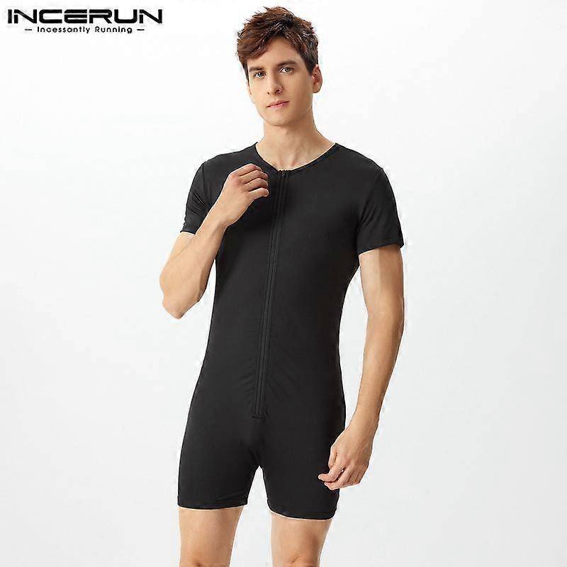 INCERUN Summer Men Short Sleeve Front Zipper Jumpsuits Sleepwear Pajamas Homewear