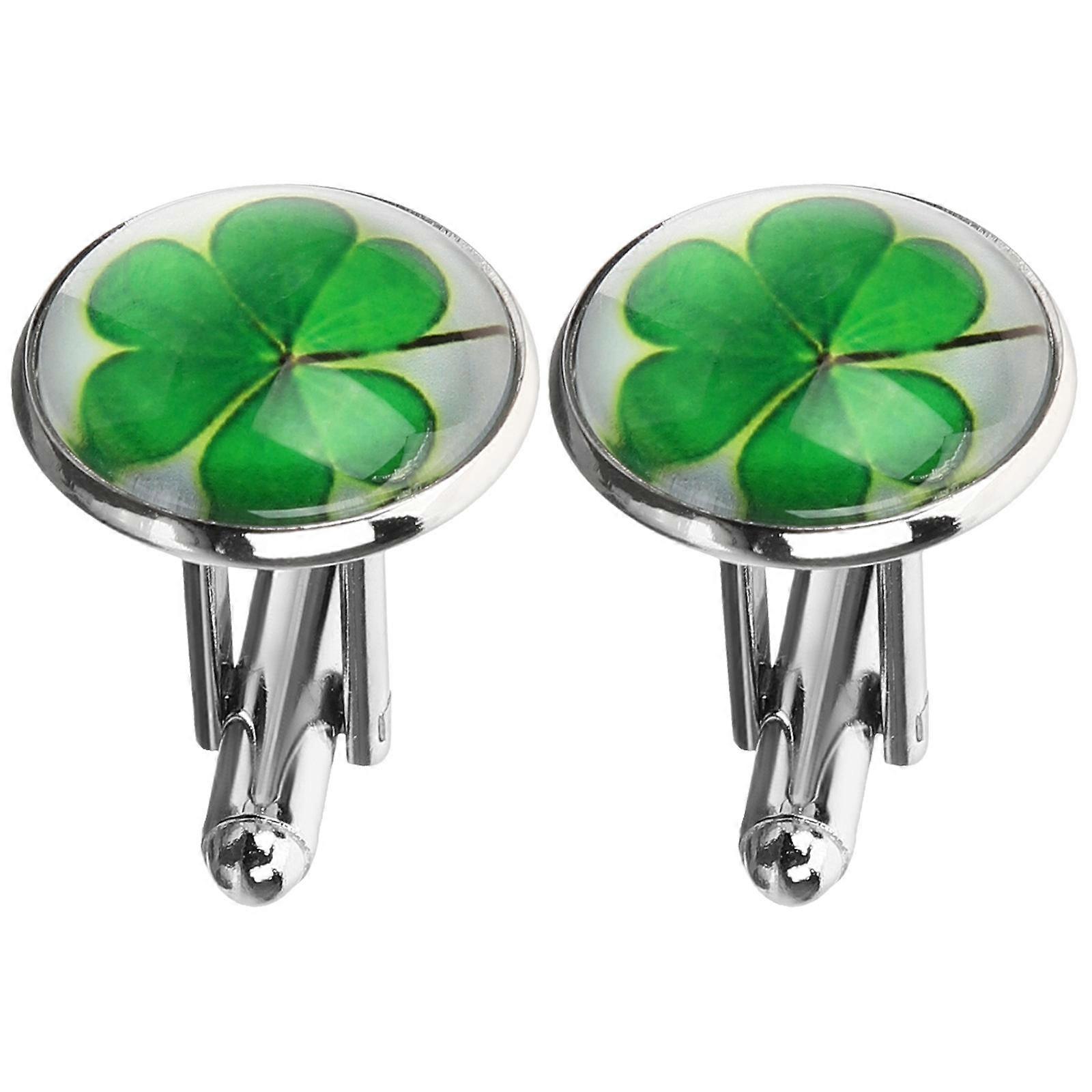 Green Metal Clover Cuff Links for Men Suitable for Decor and Various Events 2pcs