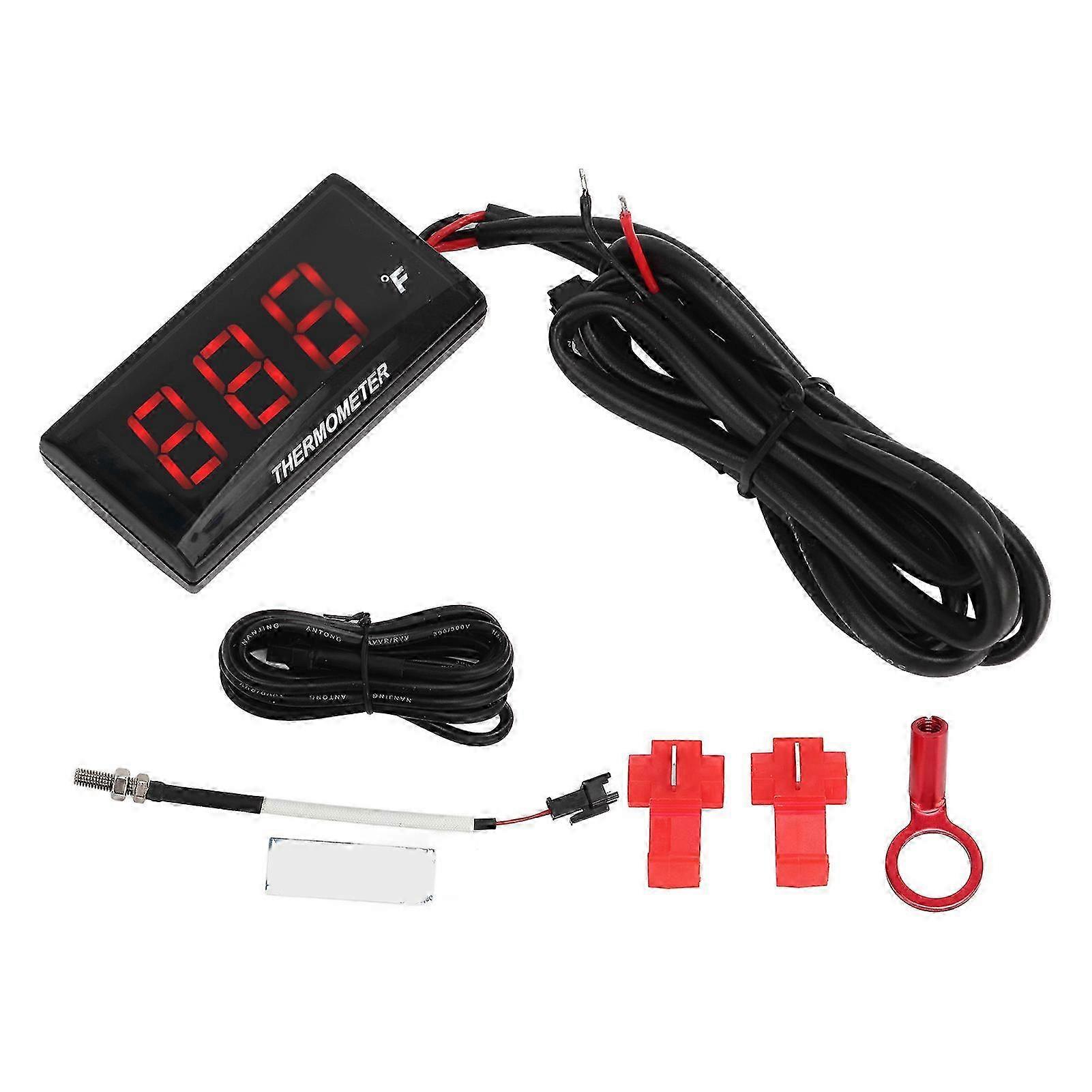 12V Motorcycle LCD Water Temperature Gauge Ultra Thin Waterproof with 10MM Spark Plug Adapter Red