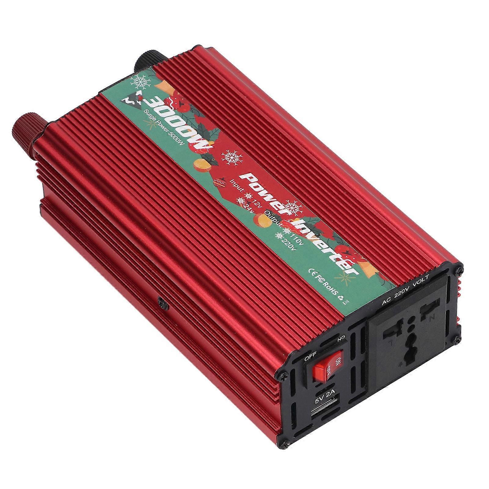 Power Inverter Aluminum Alloy DC12V to AC Power Low Noise Sine Wave Inverter for Multipurpose Charging 3000W Red 220V 50Hz