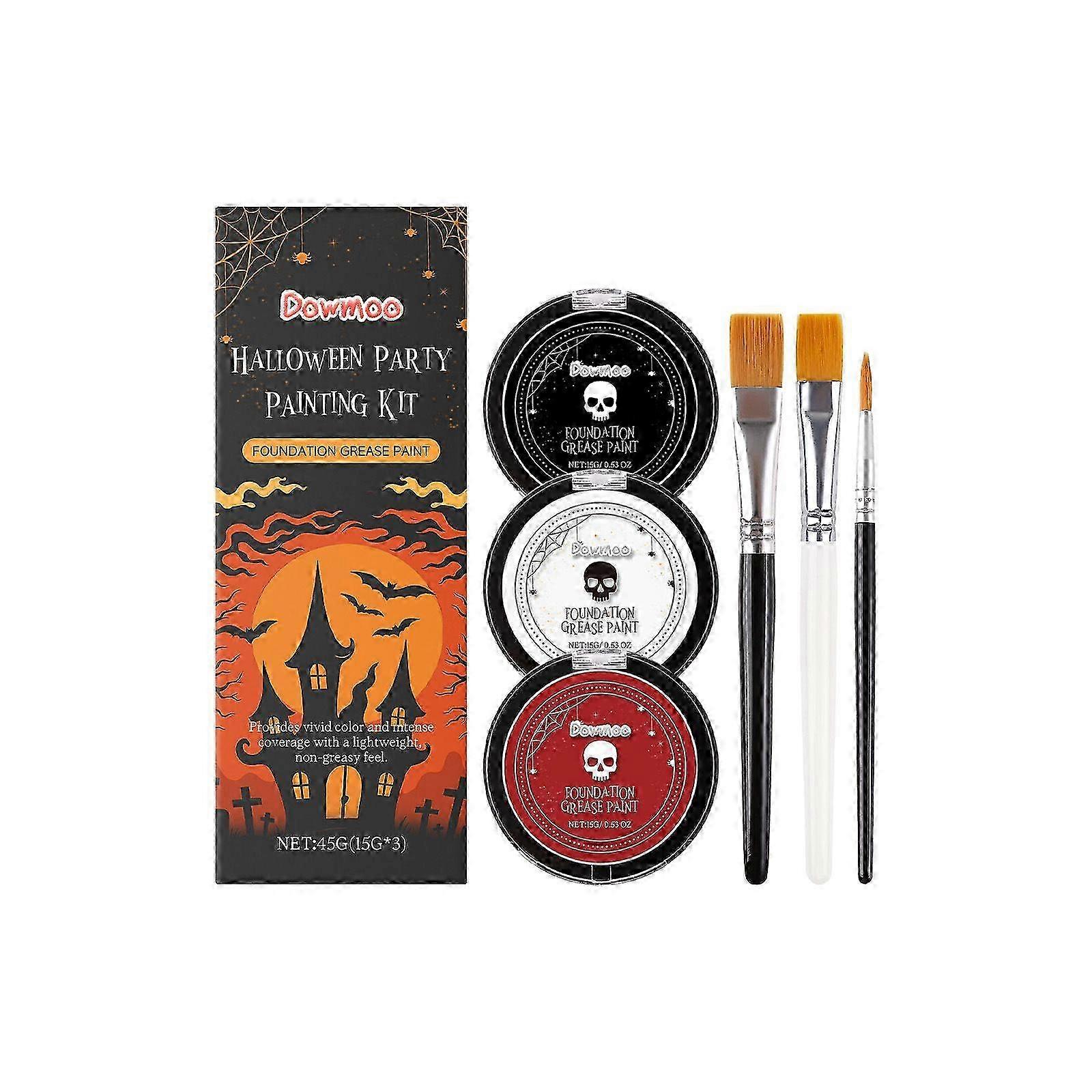 Halloween Party Painting Kit, 3 Colors Foundation Grease Paint with 3 Brushes, Vibrant High Coverage, Lightweight Non-Greasy for Face Body Makeup, Cos