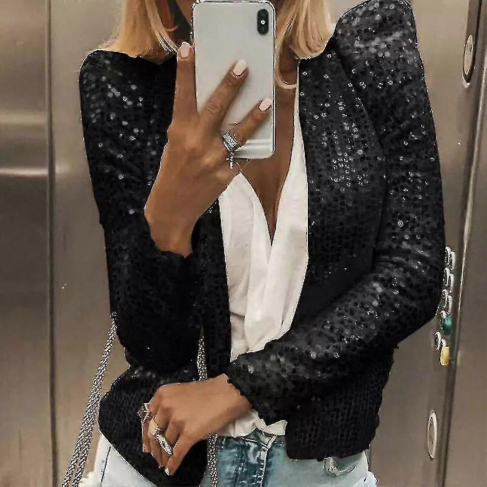 Women's Long Sleeve Shiny Sequin Open Front Cardigan Jacket