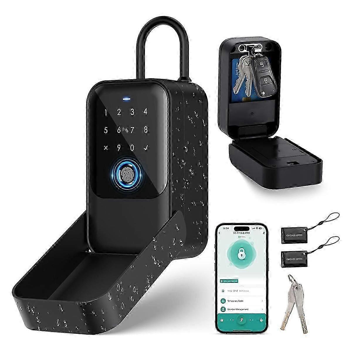 Smart Key Lock Box, Bluetooth Lock Box with Fingerprint & Passcode & Access Card & Manual Key & APP Control, Fingerprint