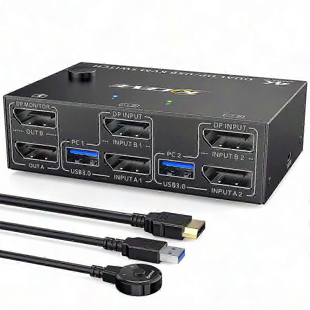 Dual Monitor KVM Switch with DisplayPort 1.4, 4 USB 3.0 Ports for 2 Computers, 2-in-2-Out DP KVM Switch