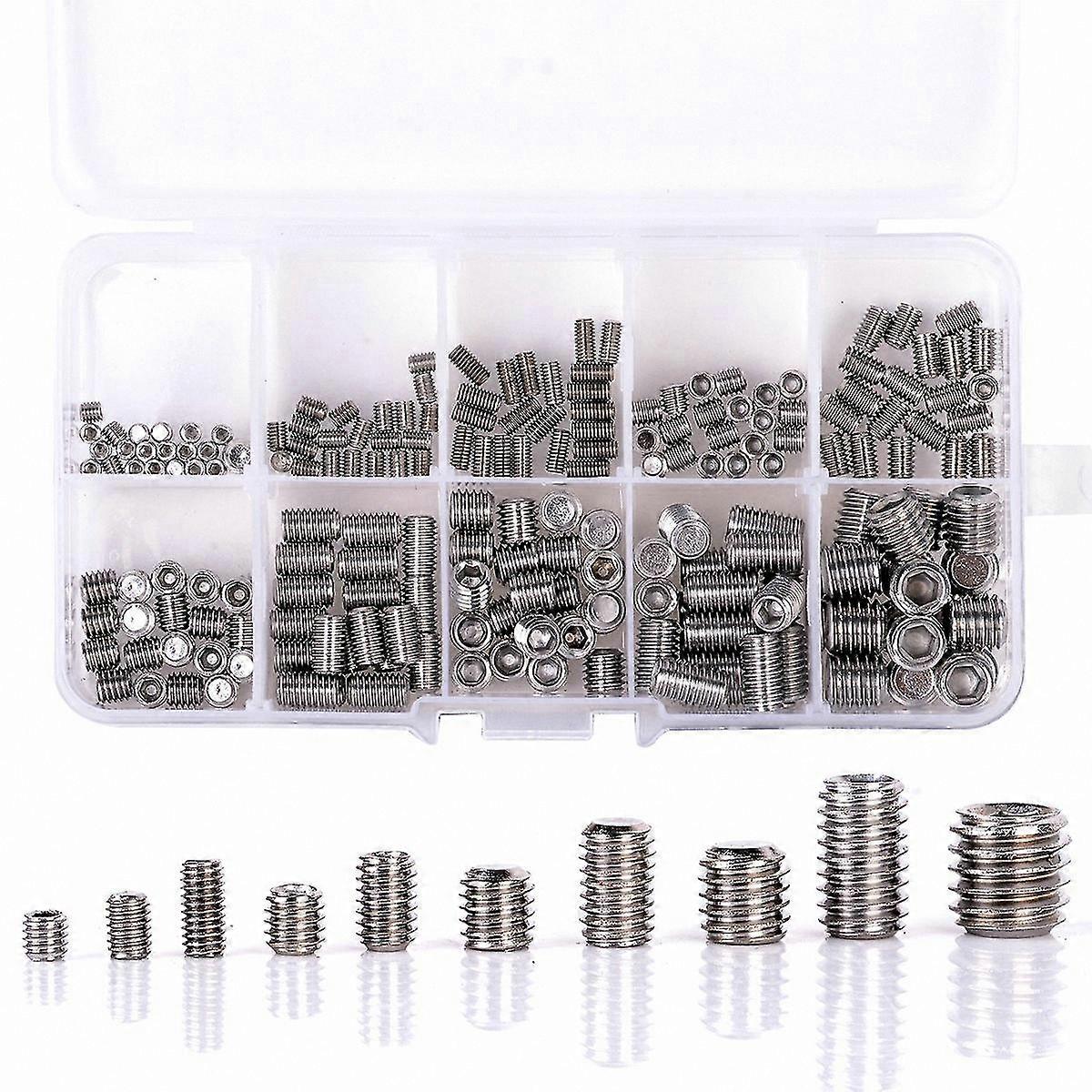 Assorted Hex Socket Set Screws Kit, 200 Pieces, M3-M8 Sizes, Stainless Steel Material