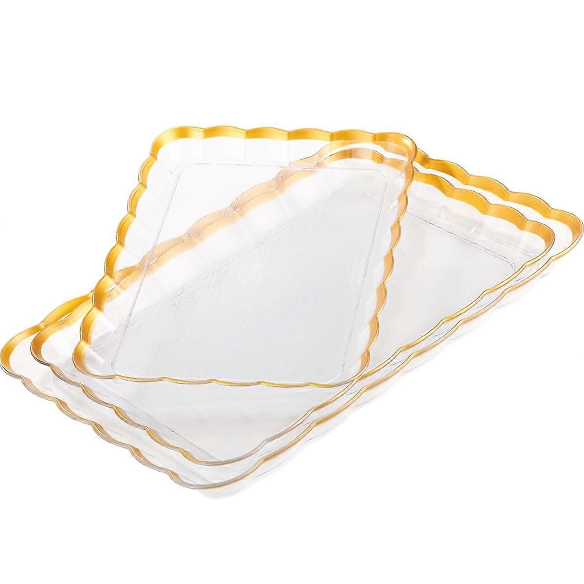 3 Pcs Clear Plastic Serving Trays with Gold Trim, 14 X 10 Inch, 16 X 11 Inch, 18 X 12.5 Inch Rectangular Wave Serving