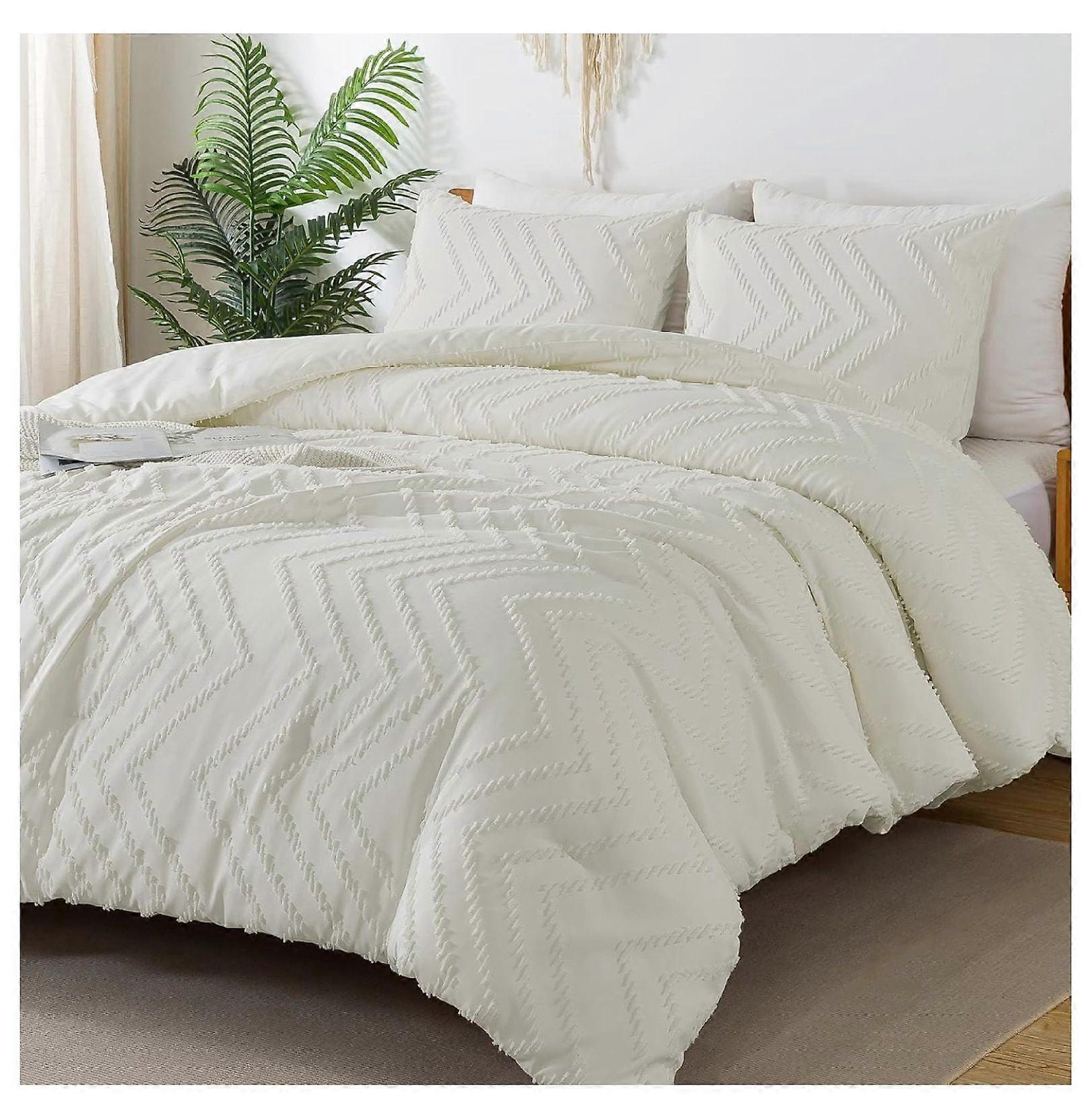 TiaGOC Ivory Comforter Set Full, 3 Pieces Boho Tufted Bedding Comforter Set, All Season Fluffy Bed Set (79x90In Comforter & 2 Pillowcases)