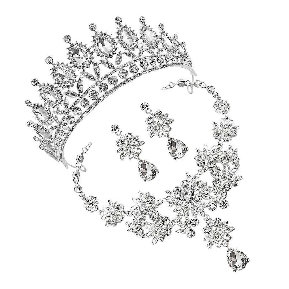 Rhinestone Necklace Earrings Crown Set for Decoration 2Sets Wedding