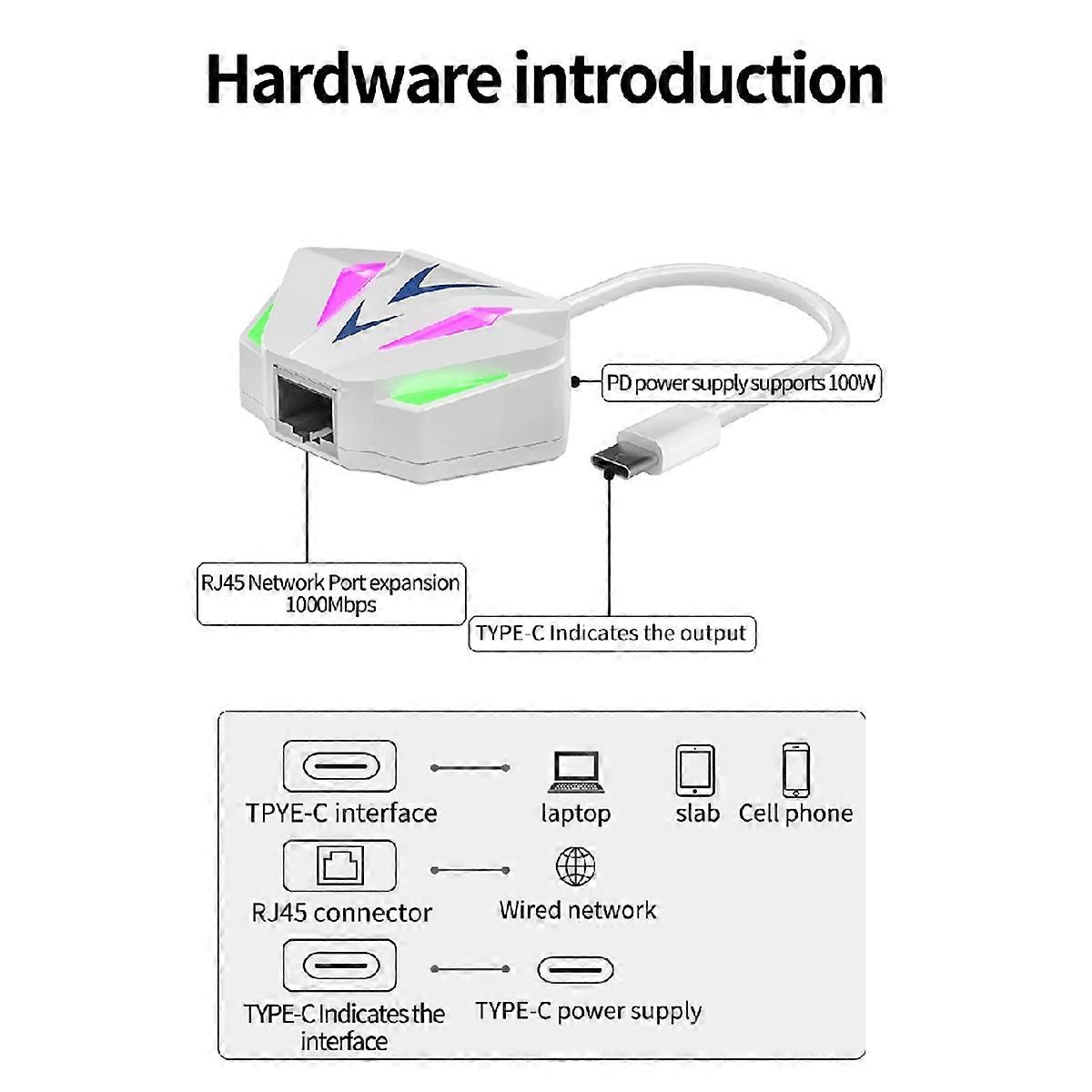 Type C to RJ45 Ethernet Adapter Network Card 10/100/1000Mbps RGB Lighting Effect for PC Computer Laptop Black