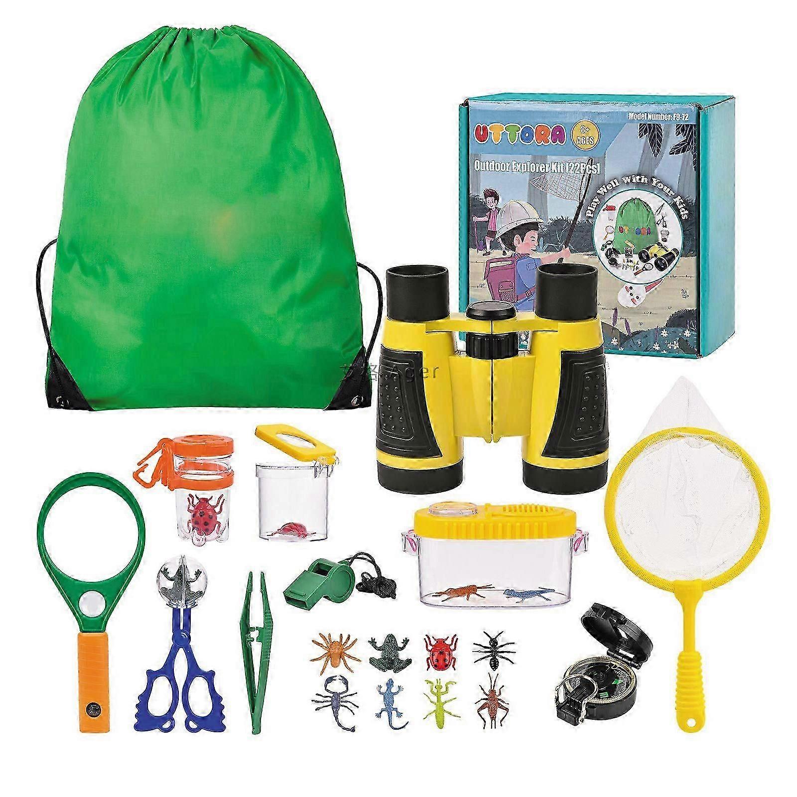 Researcher Set for Children, Binoculars for Children, 22-Piece Explorer Set with Insect Catcher, Compass, Cup Magnifier, Microscope and More - Camping