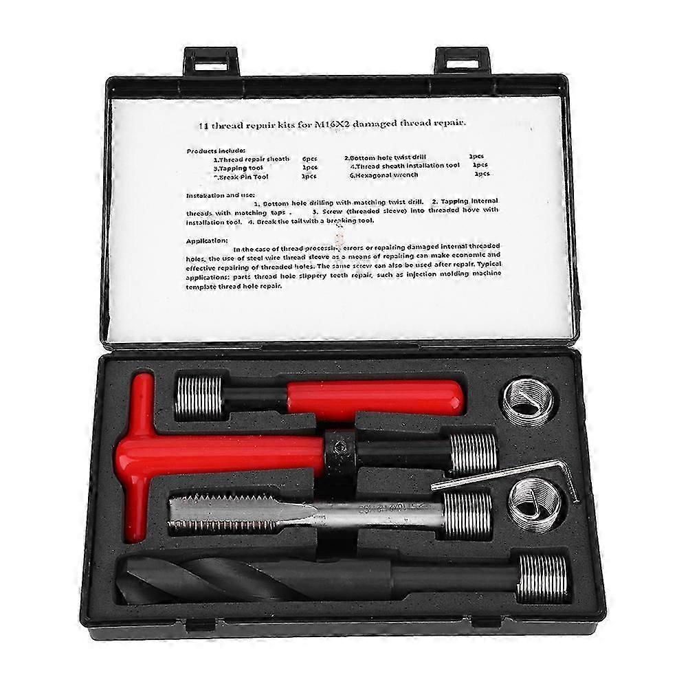 11Pcs Thread Repair Kit Stainless Steel Twisted Drill Tap Wrench Threaded Insert Tool M16x2